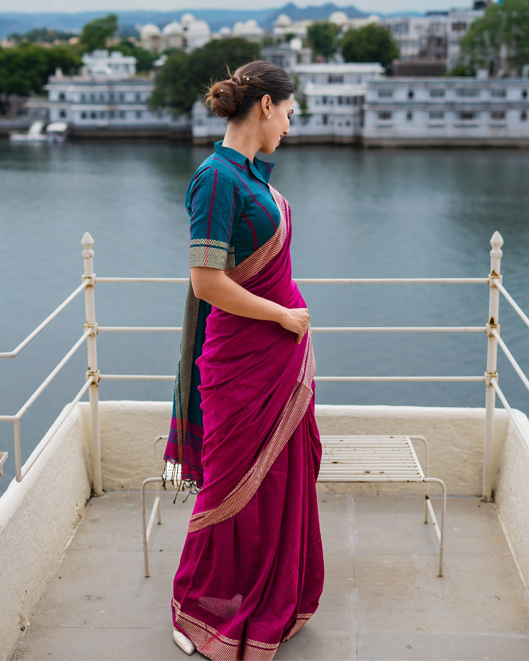 Malaya Magenta and Teal Handloom Cotton Saree