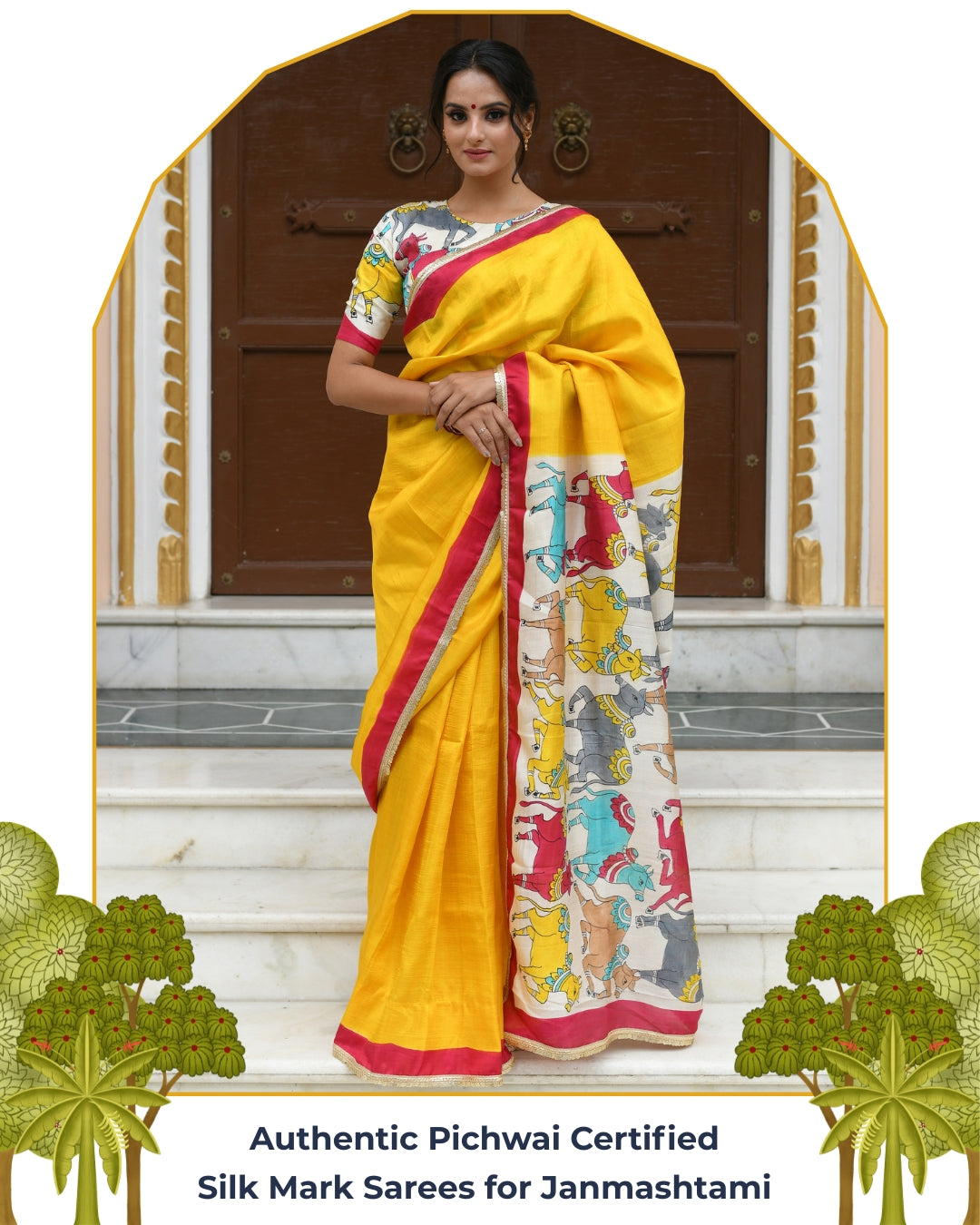 Chitra Sacred Pichwai Cows Yellow Handpainted Saree
