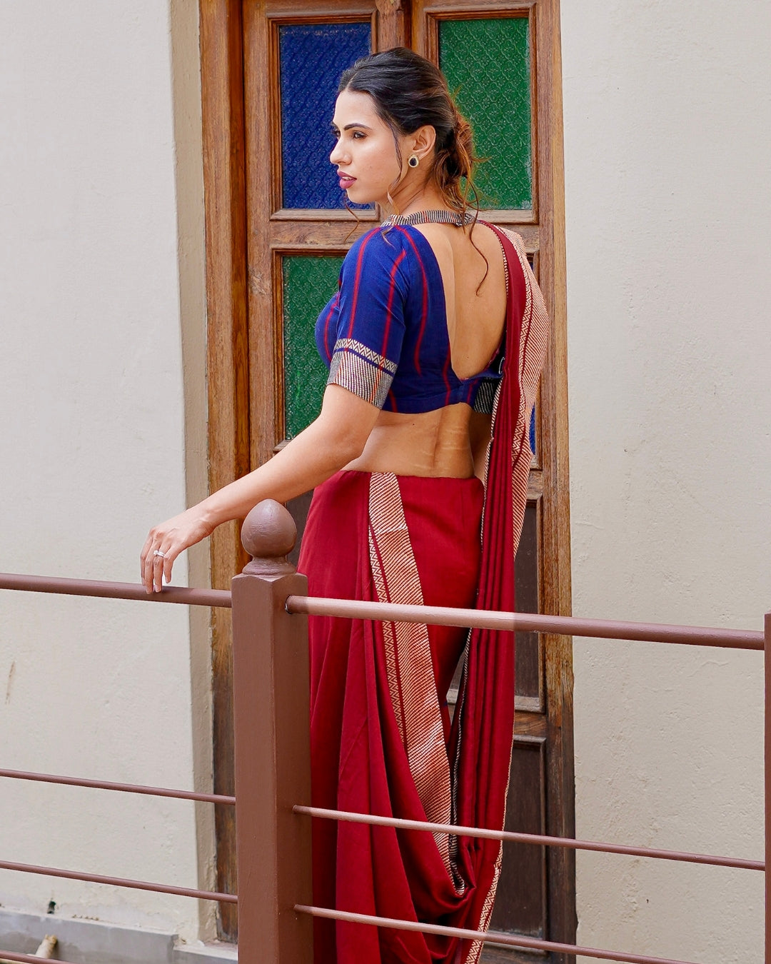 Karma Crimson Red & Royal Blue Handloom Cotton Saree