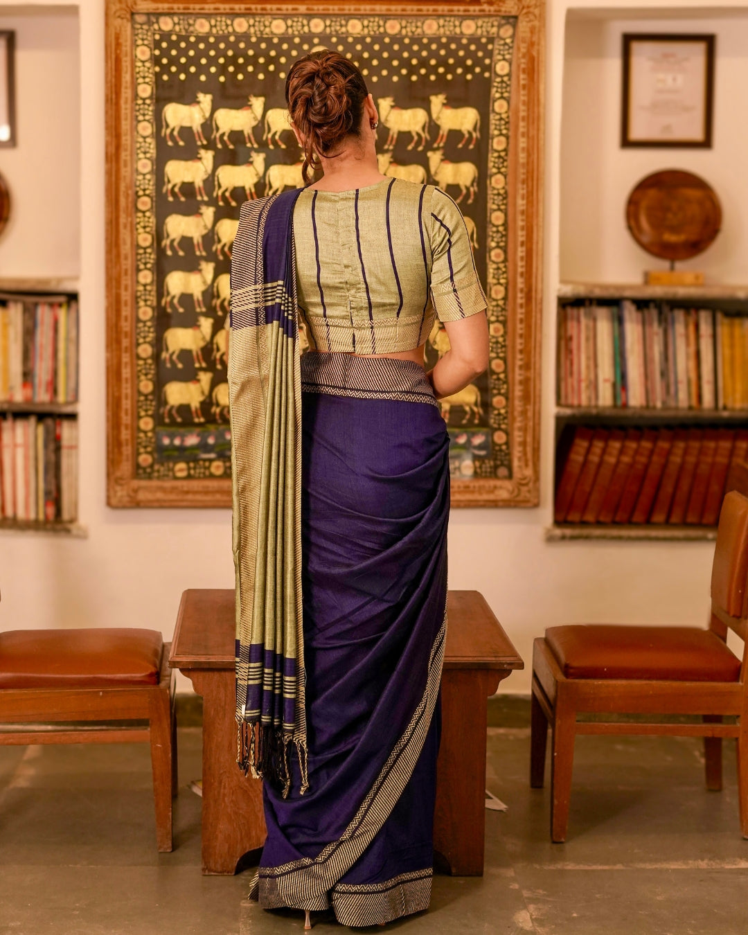 Vaani Royal Blue and Lime Green Handloom Cotton Saree