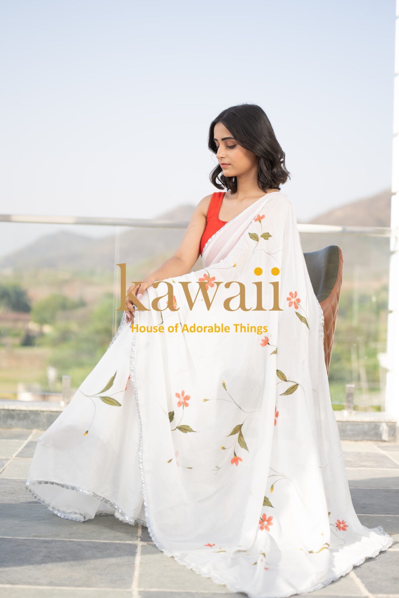 Somya Floral Handpainted Chinon Saree