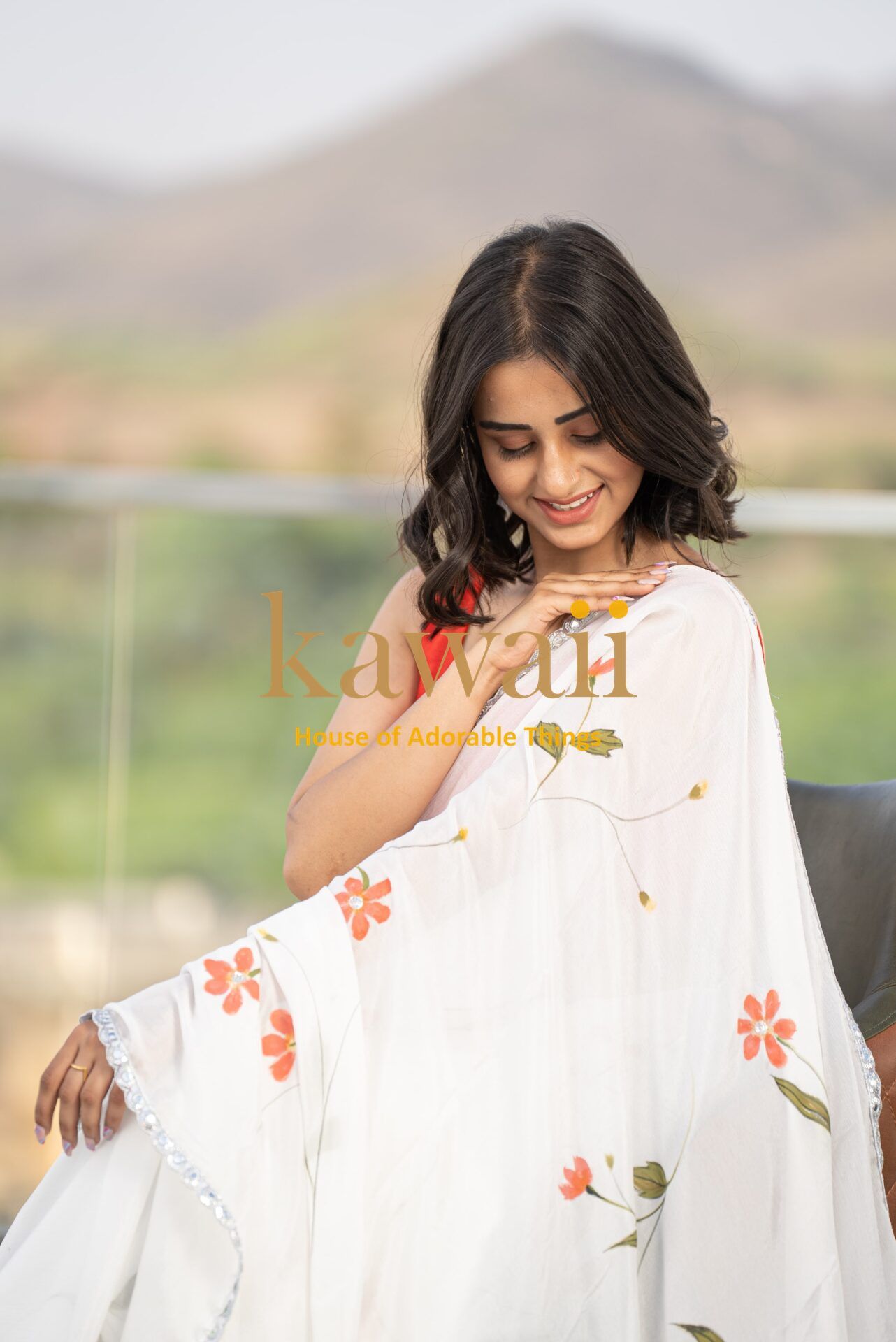 Somya Floral Handpainted Chinon Saree