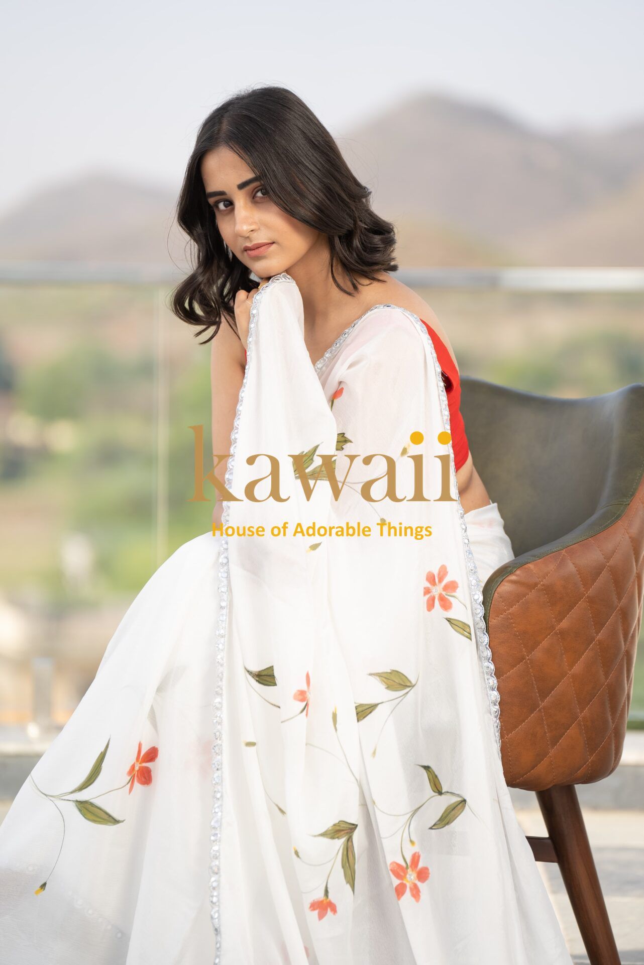 Somya Floral Handpainted Chinon Saree