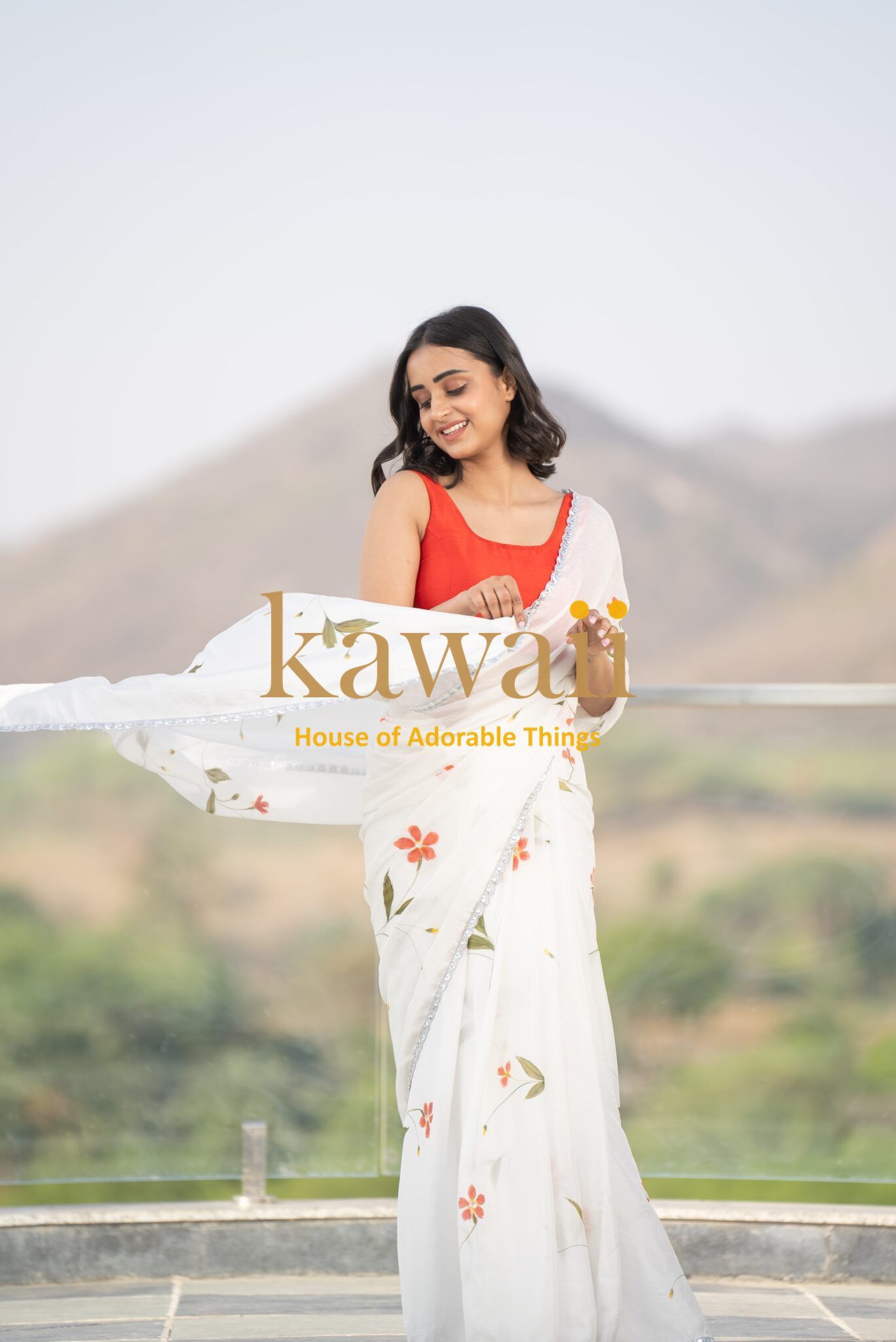 Somya Floral Handpainted Chinon Saree