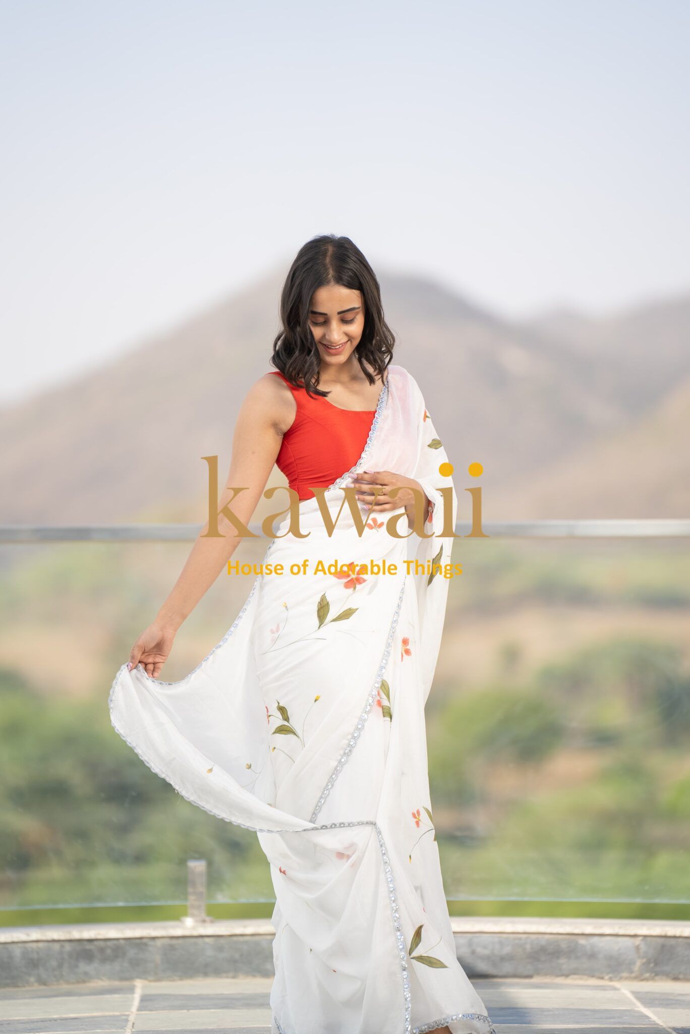 Somya Floral Handpainted Chinon Saree