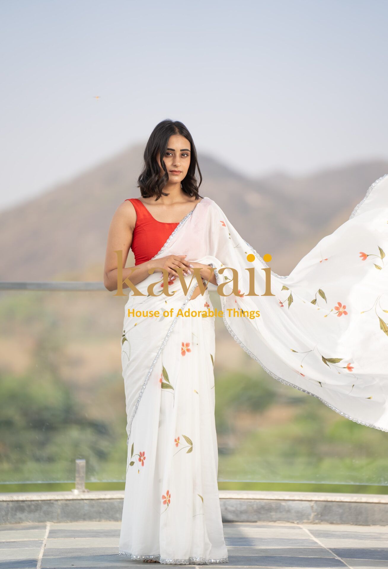 Somya Floral Handpainted Chinon Saree