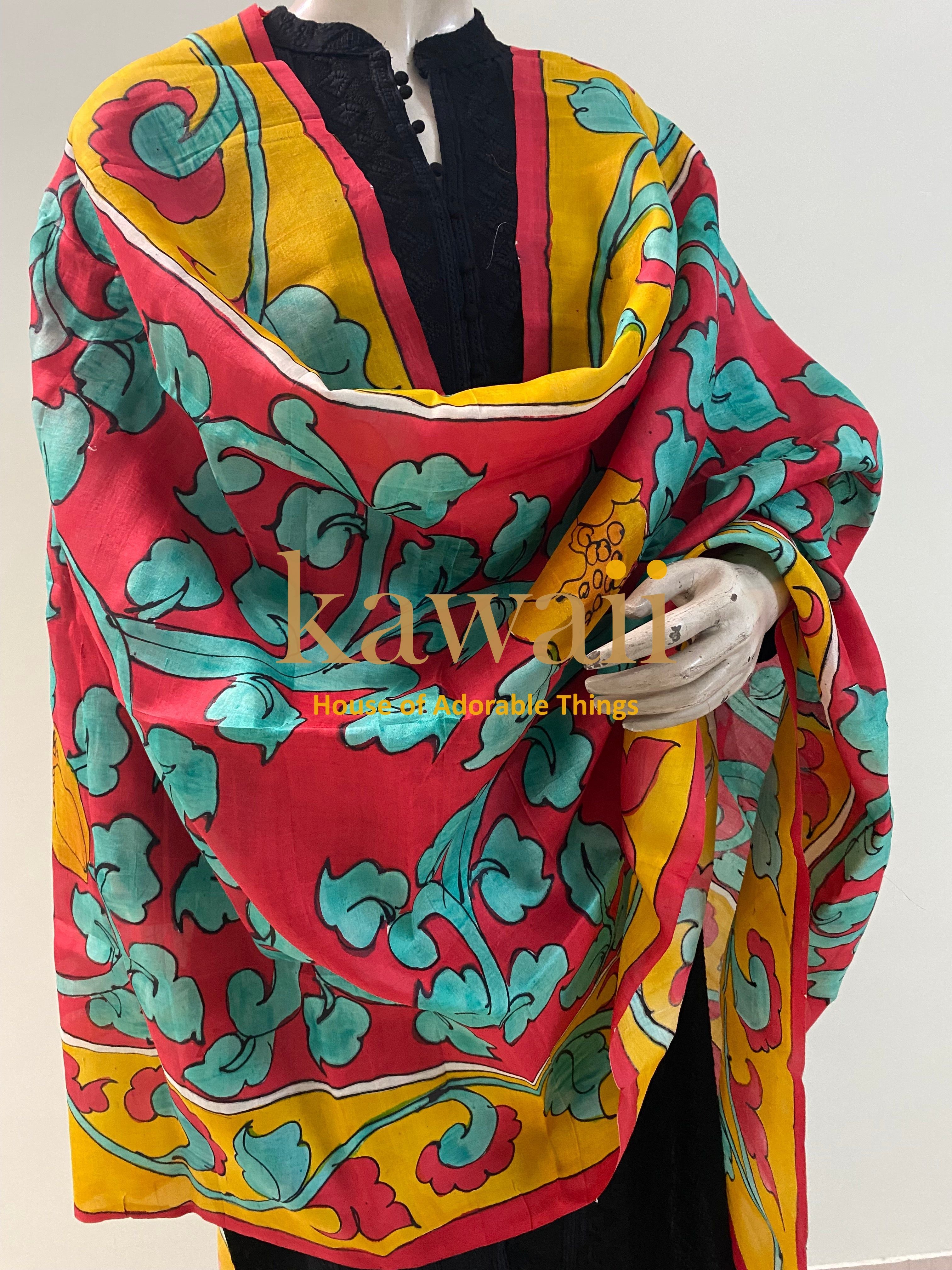 Rangrez Kalamkari Design Handpainted on Pure Silk Dupatta