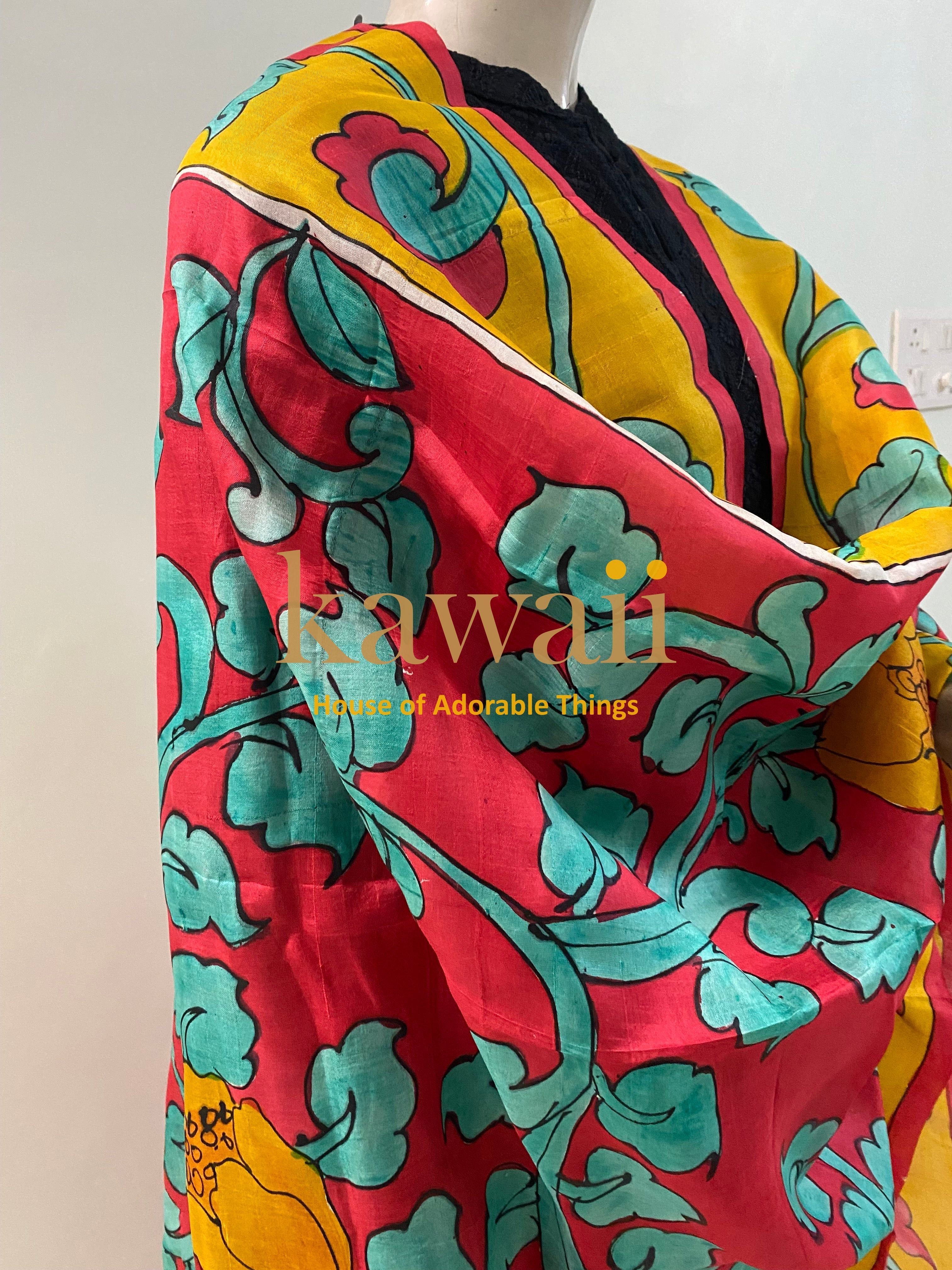 Rangrez Kalamkari Design Handpainted on Pure Silk Dupatta