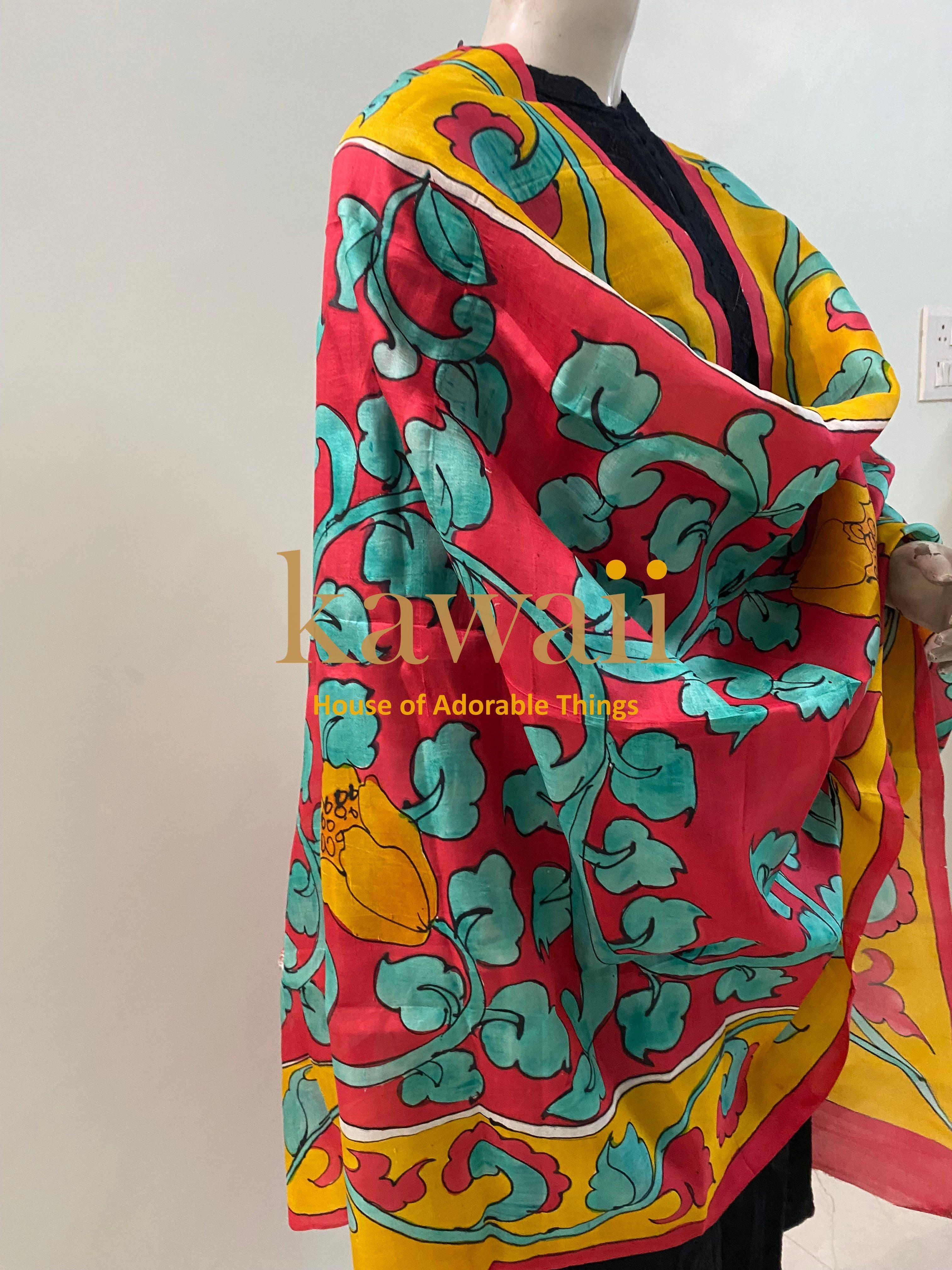 Rangrez Kalamkari Design Handpainted on Pure Silk Dupatta