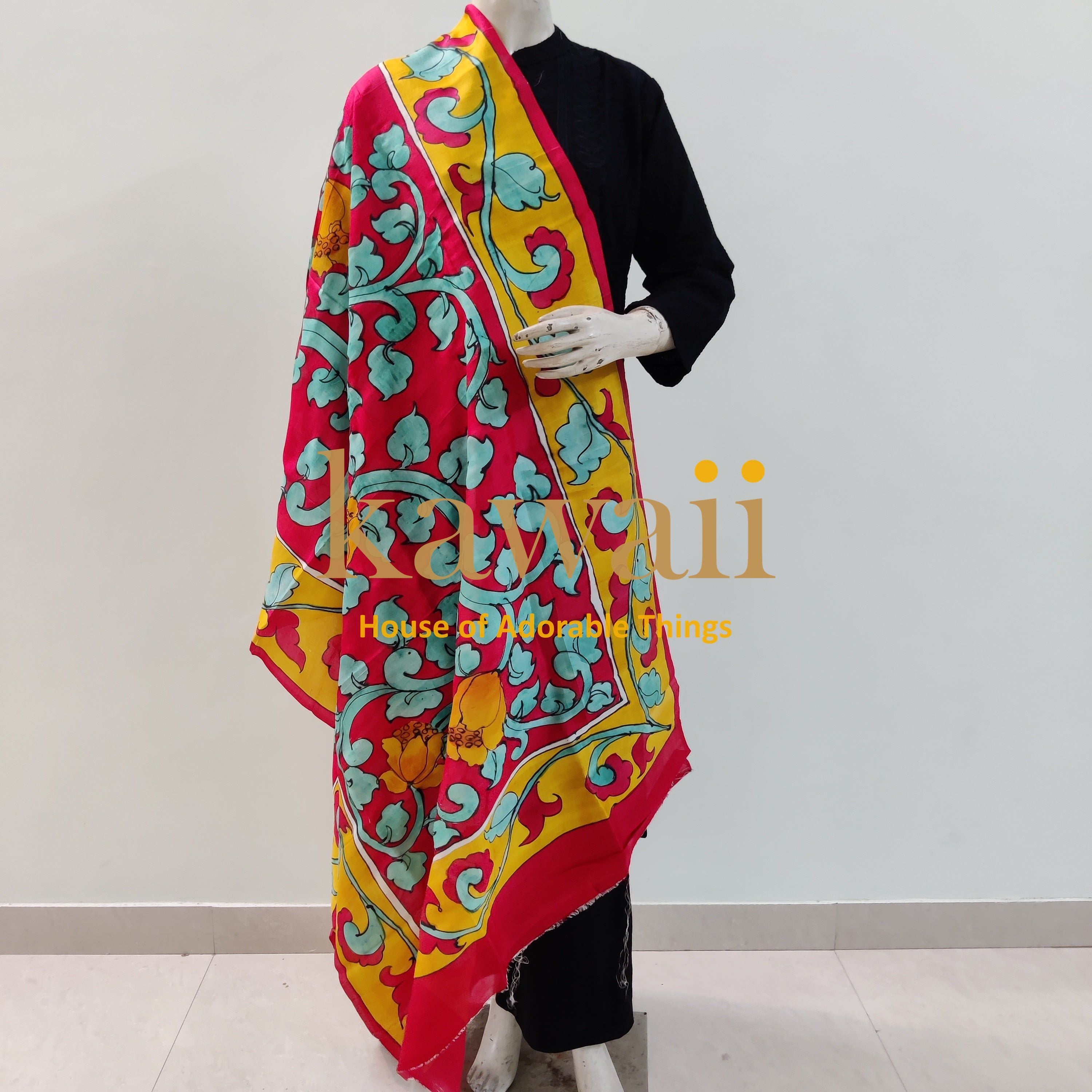 Rangrez Kalamkari Design Handpainted on Pure Silk Dupatta