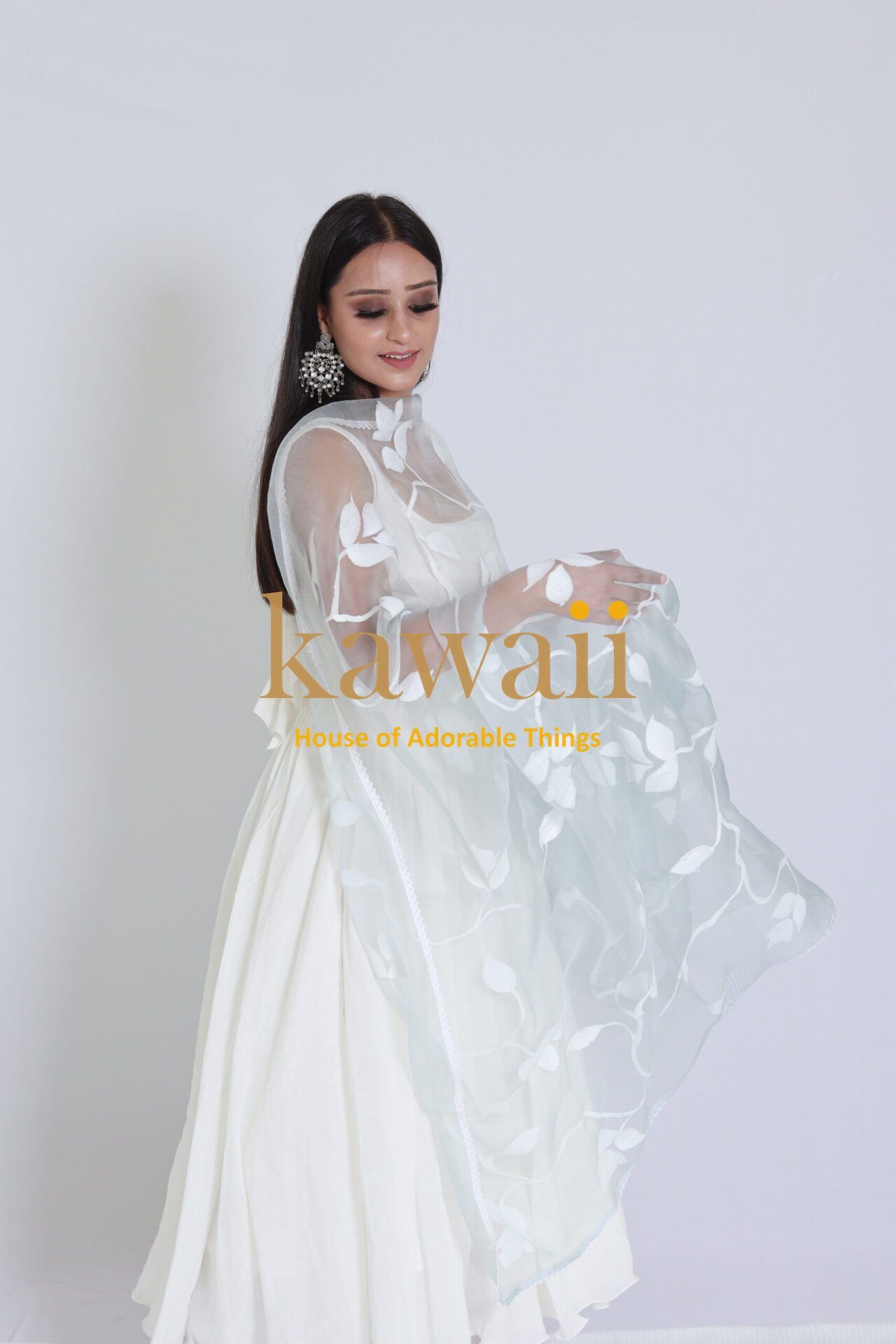 Farki White Vine Organza Dupatta