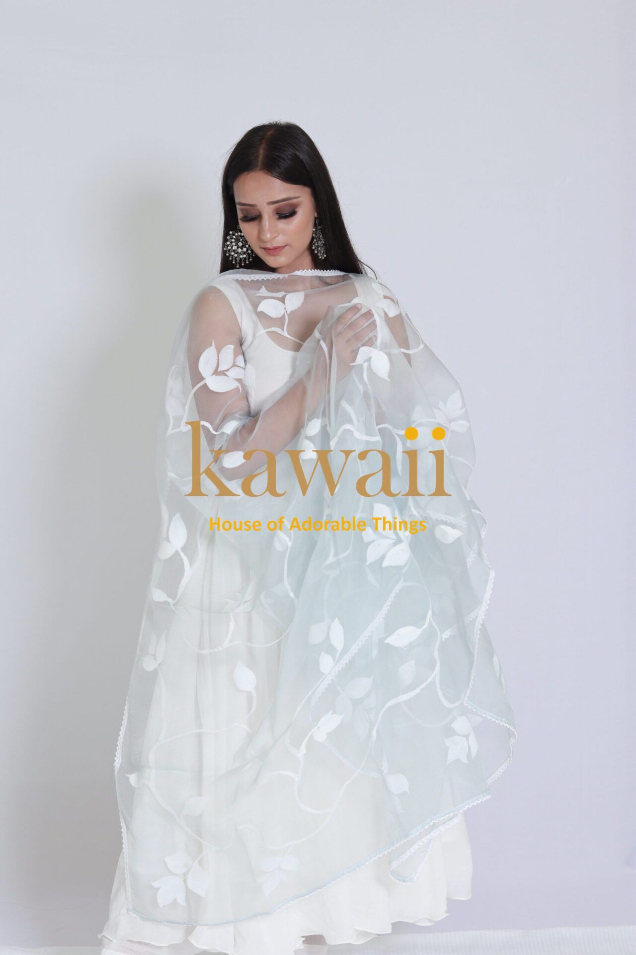 Farki White Vine Organza Dupatta