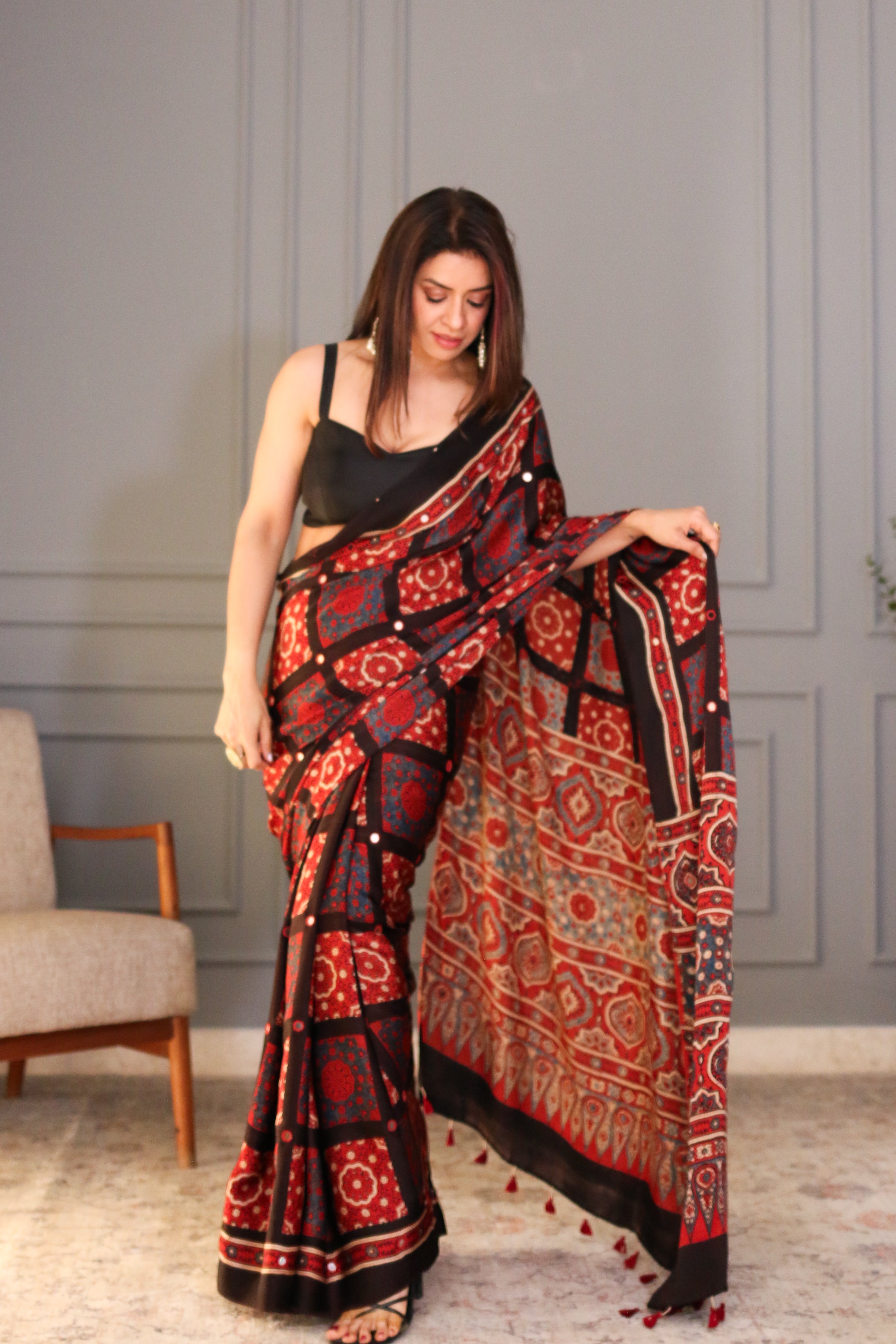 Rishu Lamba in Gulnaar Mirror Work Ajrakh Saree