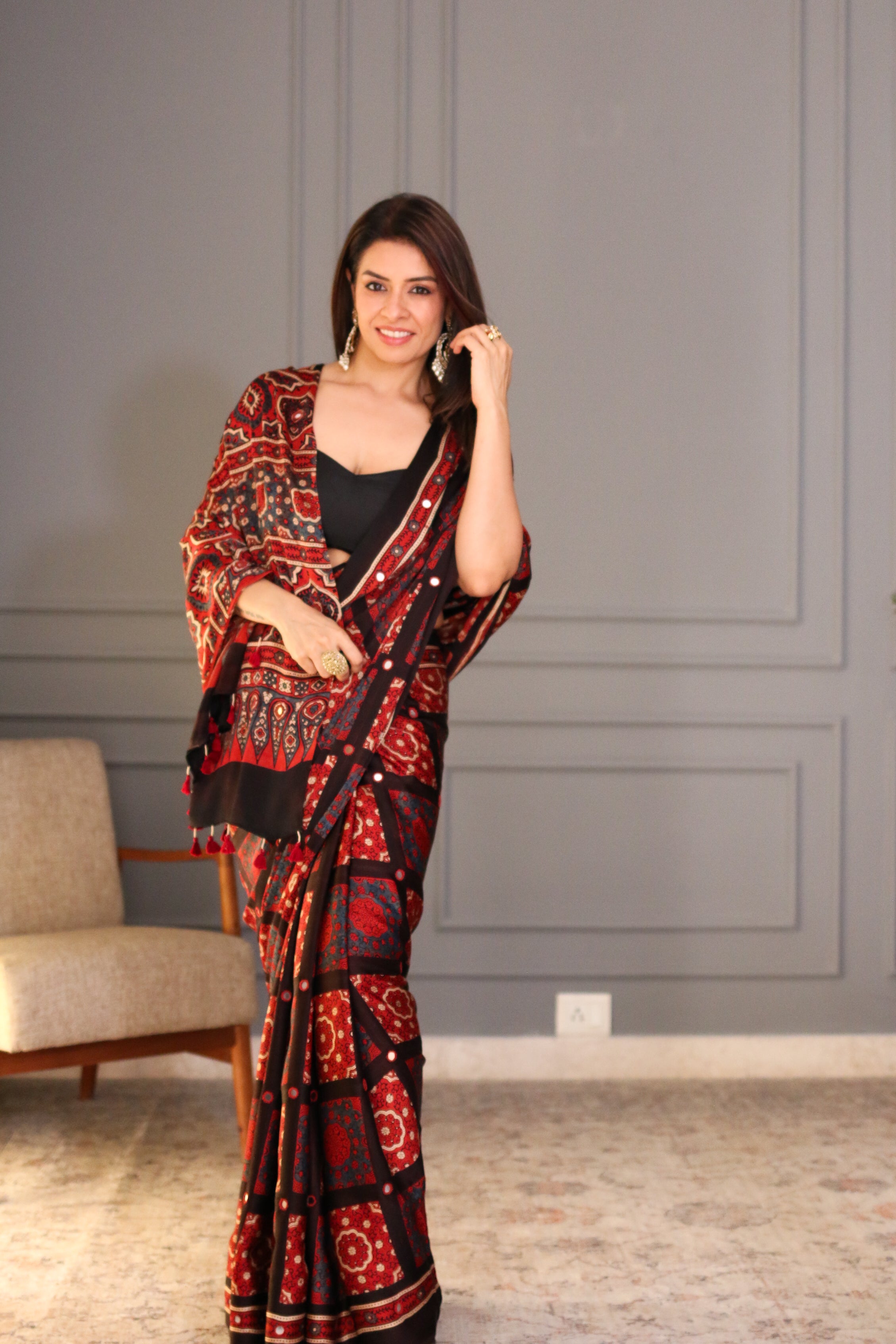 Rishu Lamba in Gulnaar Mirror Work Ajrakh Saree