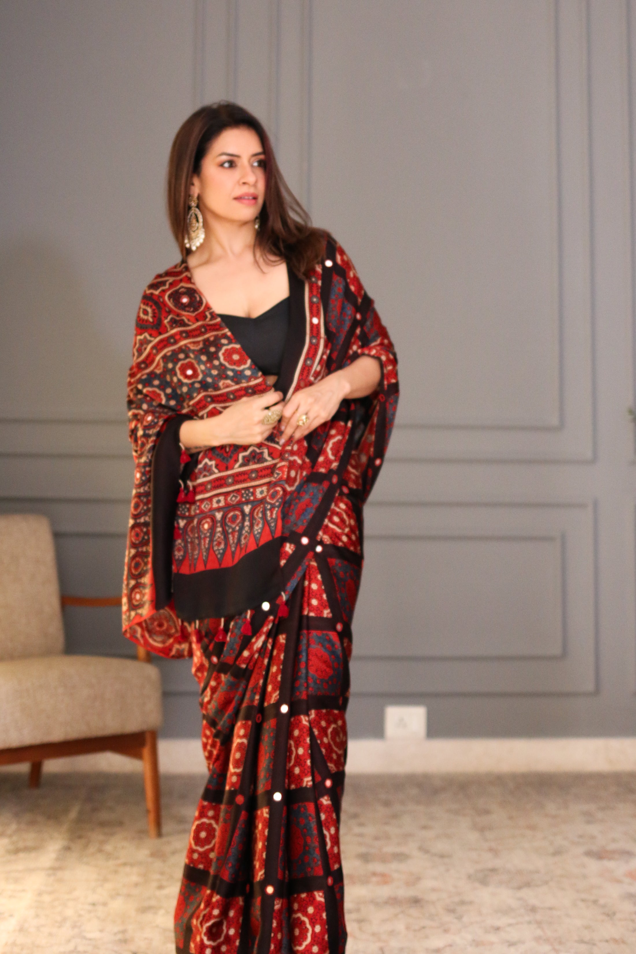 Rishu Lamba in Gulnaar Mirror Work Ajrakh Saree