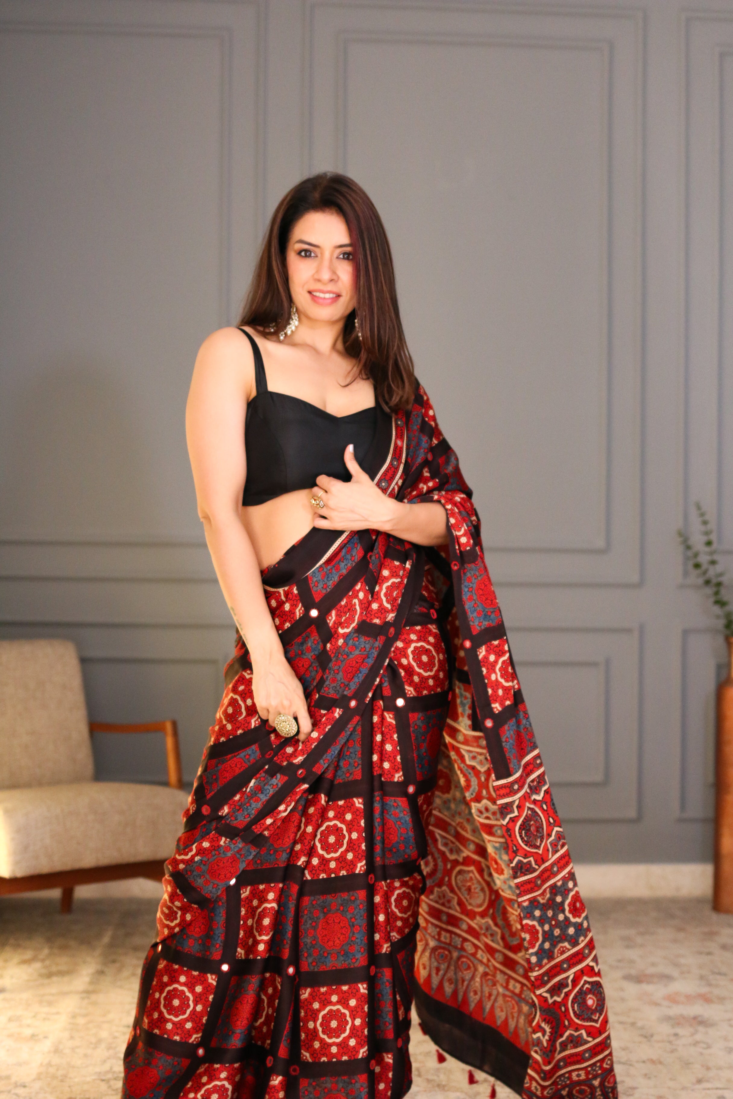 Rishu Lamba in Gulnaar Mirror Work Ajrakh Saree