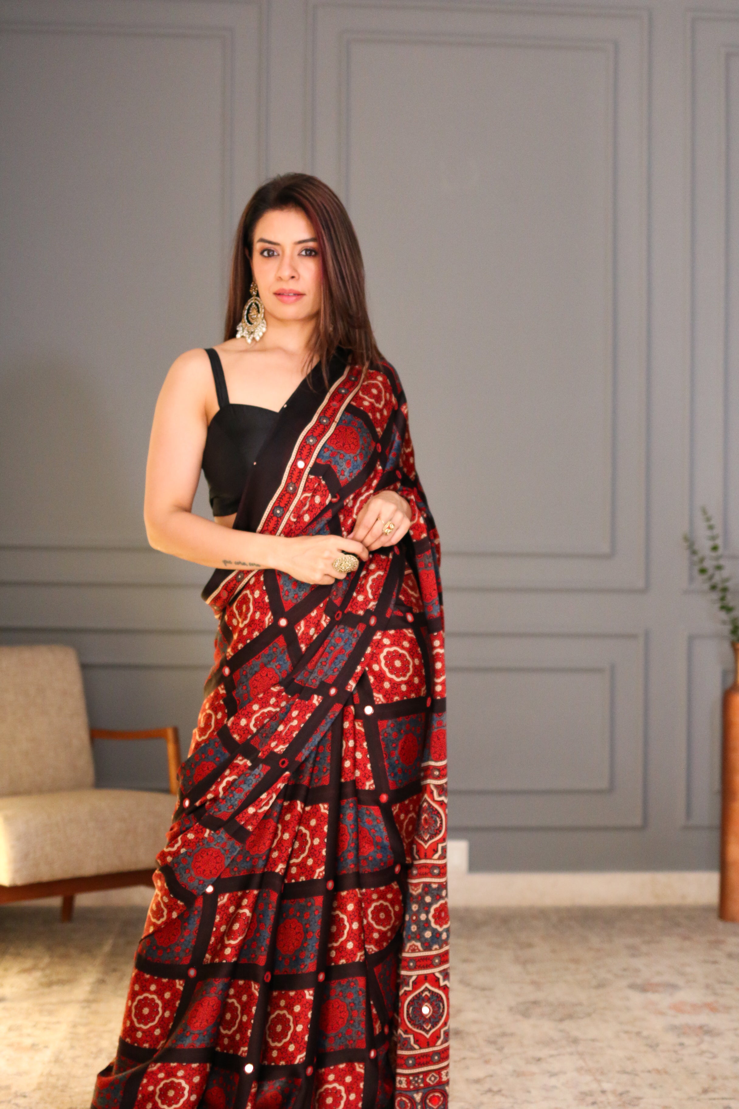 Rishu Lamba in Gulnaar Mirror Work Ajrakh Saree