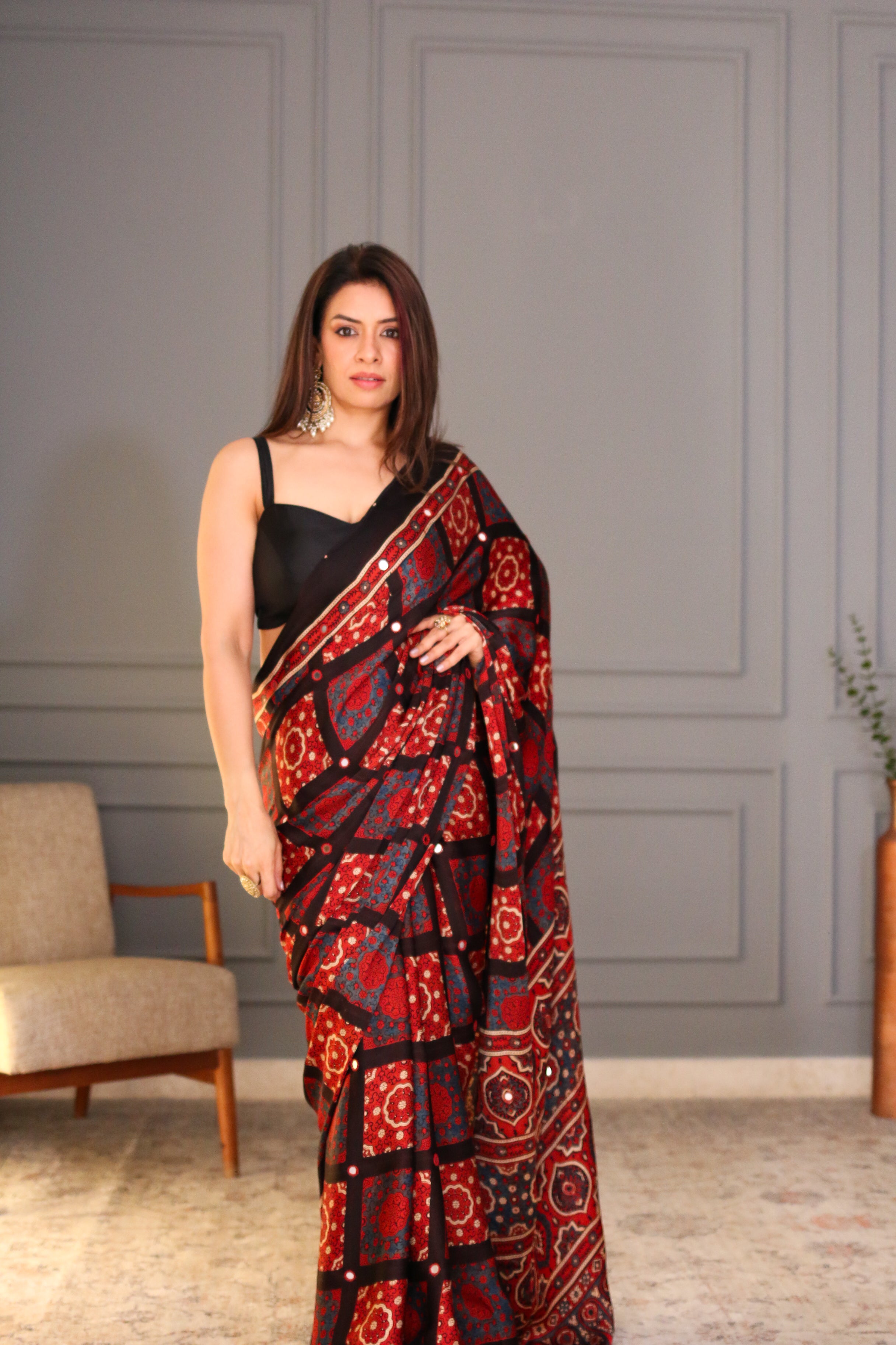 Rishu Lamba in Gulnaar Mirror Work Ajrakh Saree
