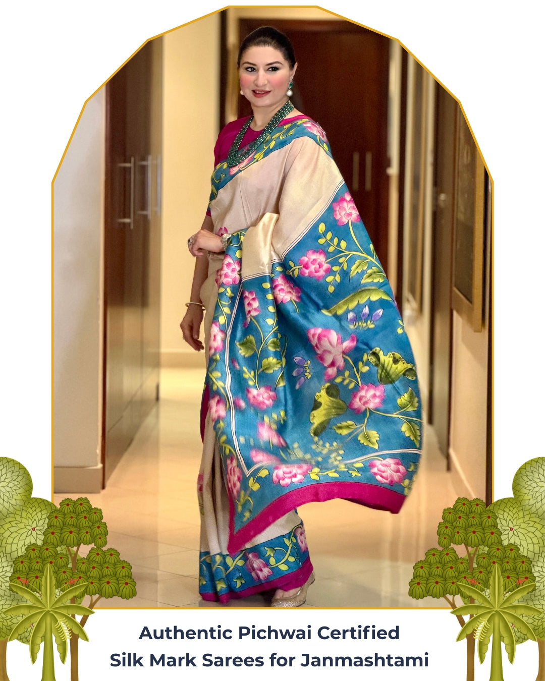 Roha Handpainted Lotus Blue & Beige Pichwai Saree