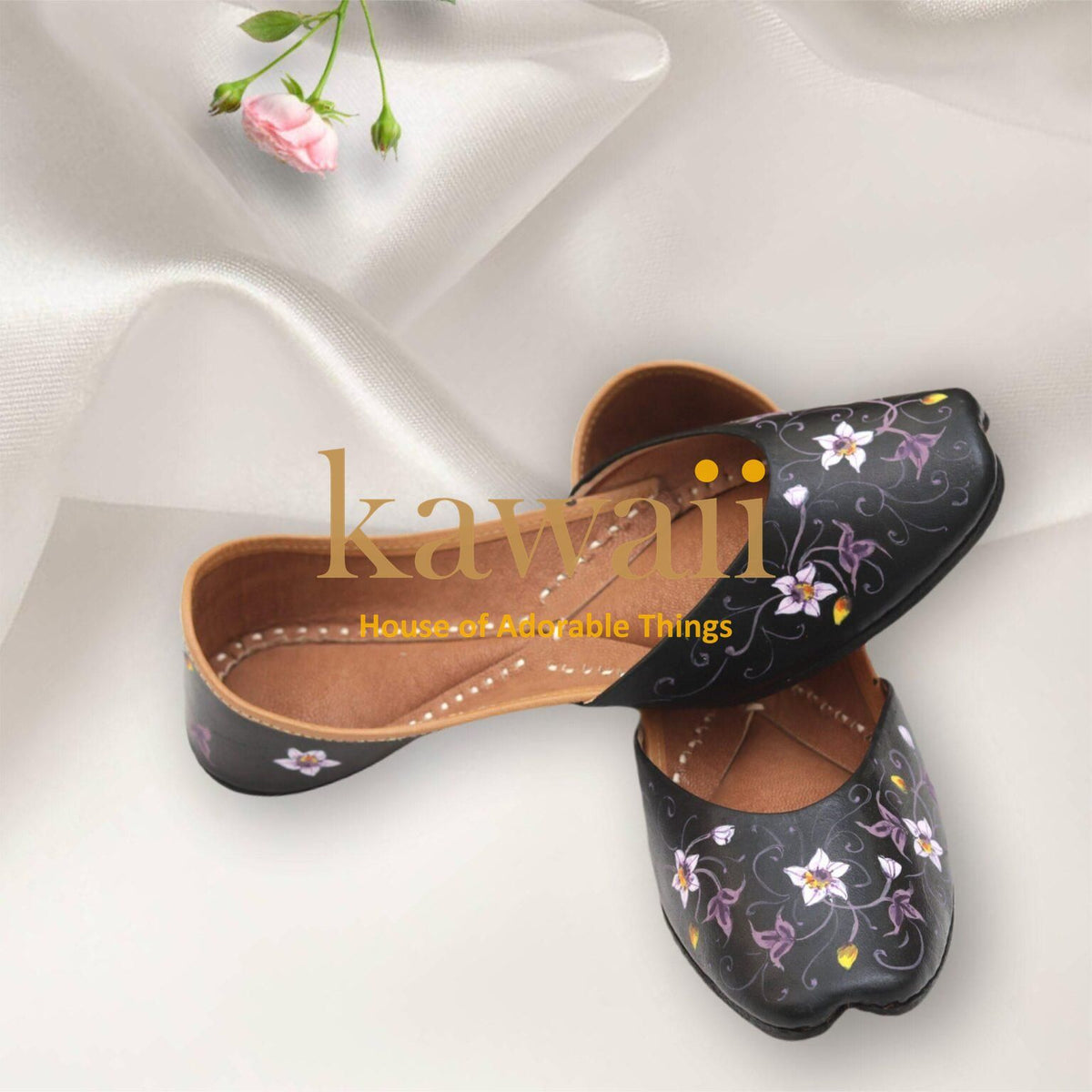 Midnight Bloom - Handpainted Purple Florals and Handcrafted Mojris in Black by Kawaii - Women Ethnic Footwear
