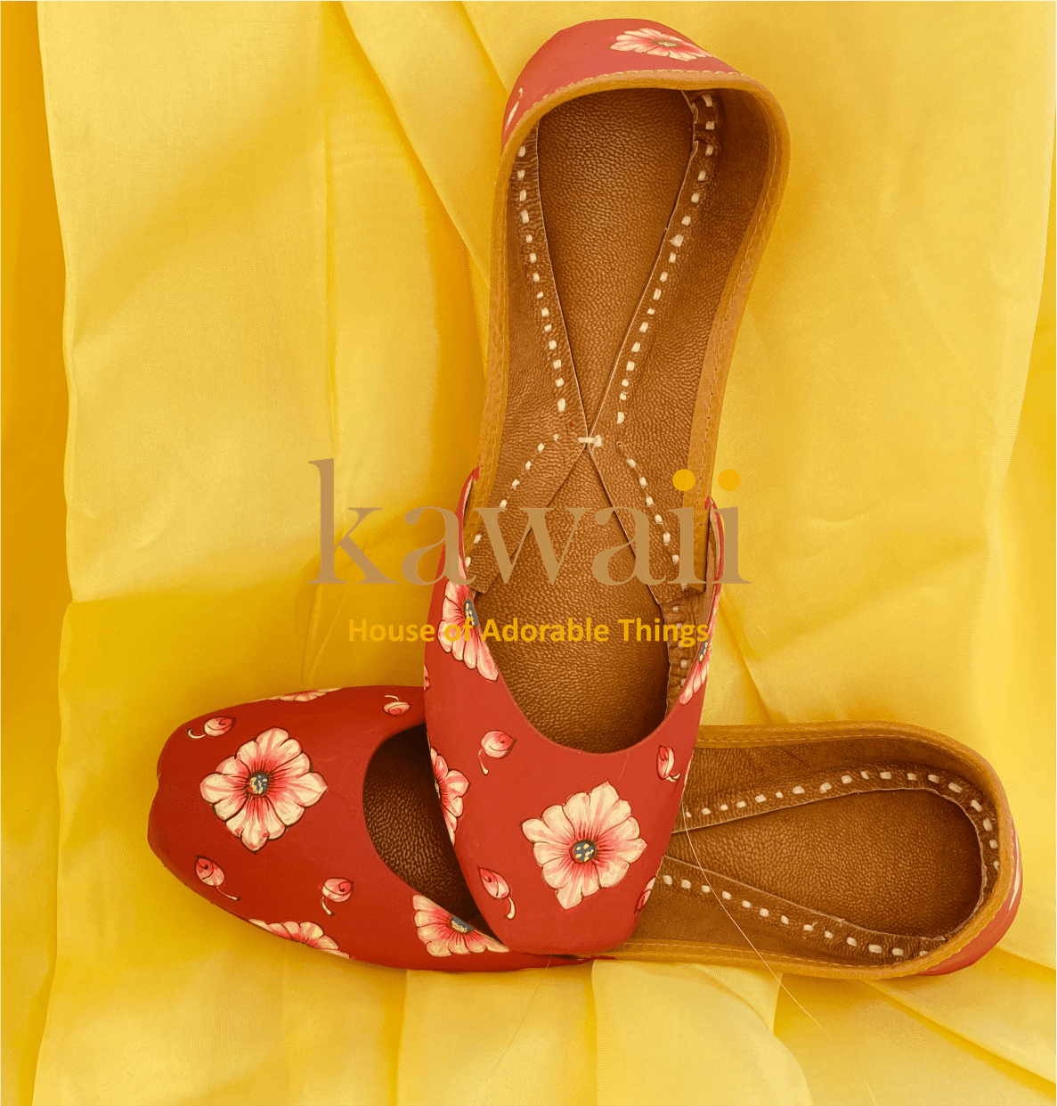 Pretty in Pink - Handpainted Florals and Handcrafted Mojris in Brick Red by Kawaii - Women Ethnic Footwear