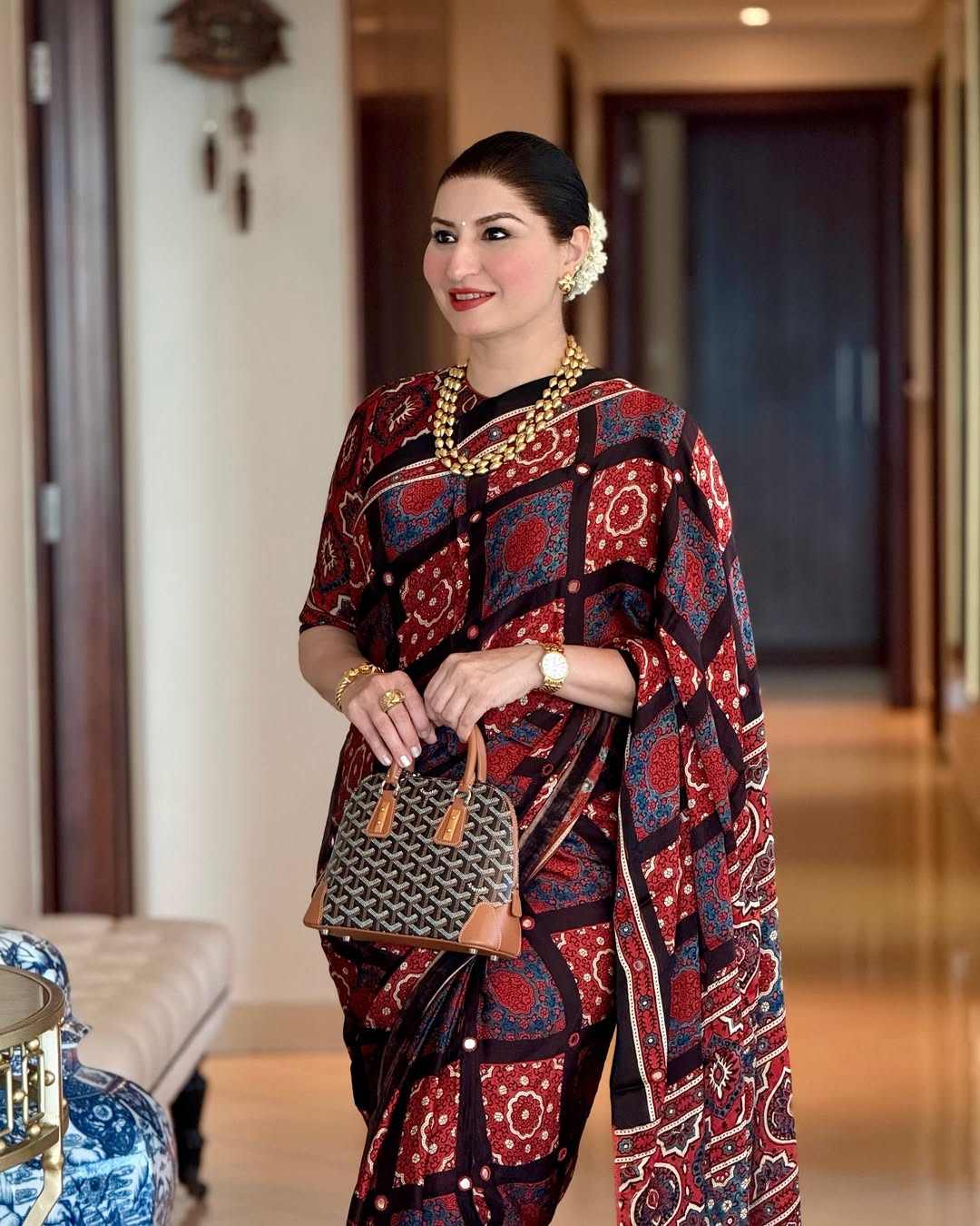 Gulnaar Mirror Work Handcrafted Ajrakh Saree