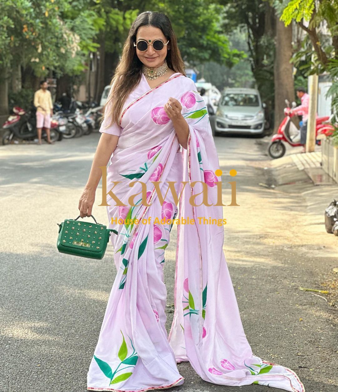 Tulip Floral Handpainted in Lavender Crepe Fabric Saree