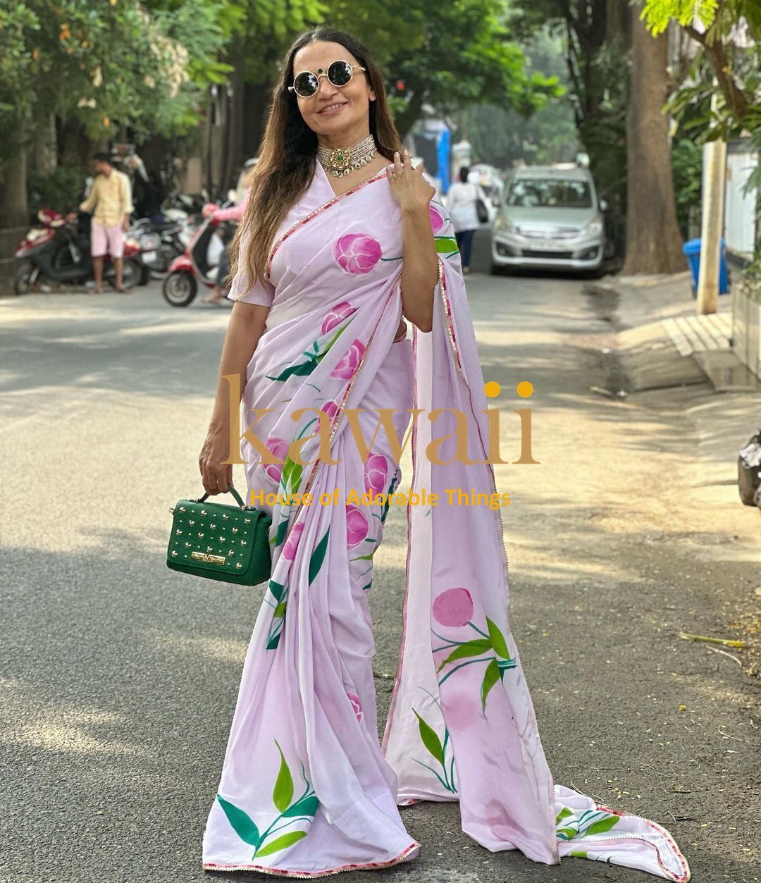 Tulip Floral Handpainted in Lavender Crepe Fabric Saree