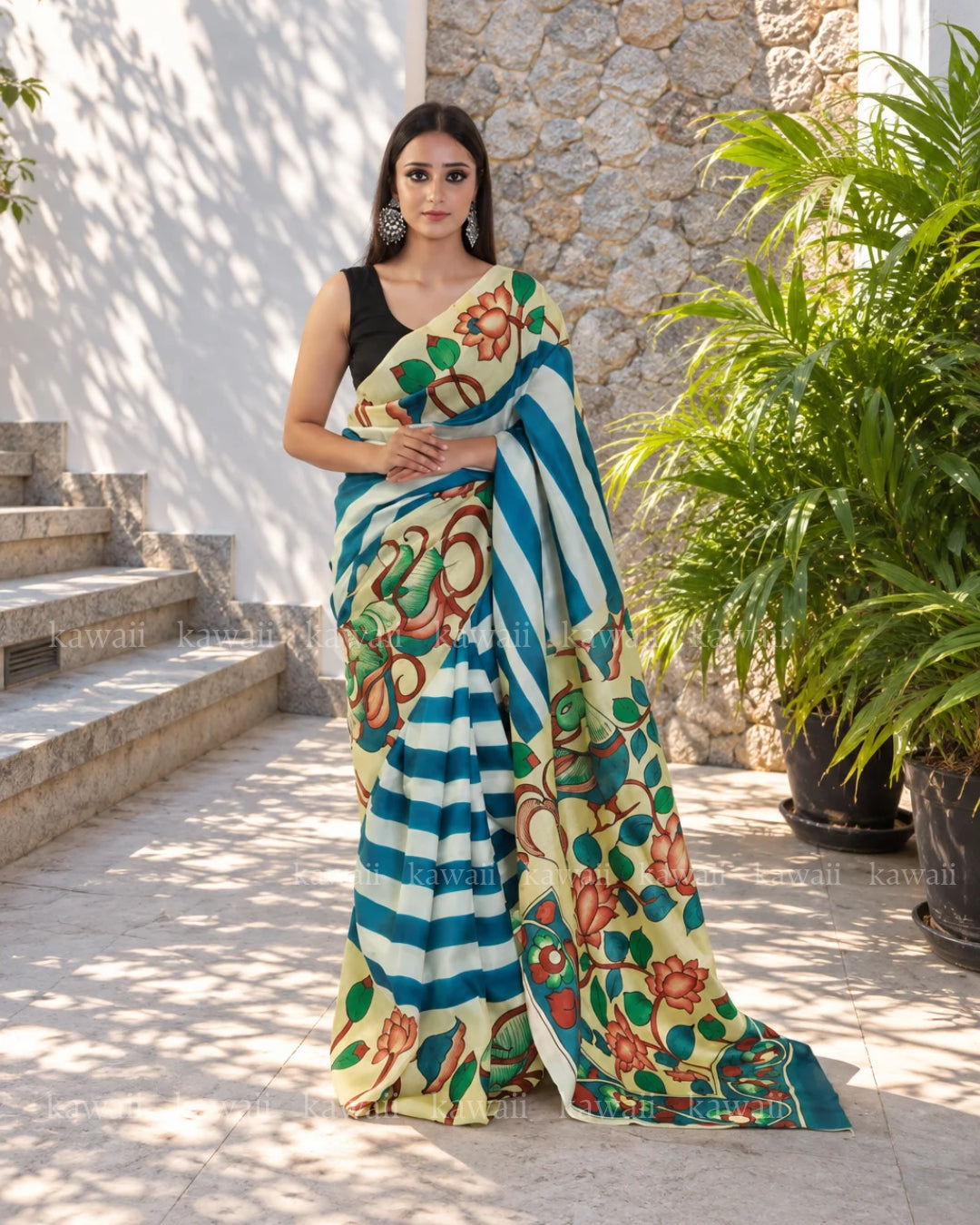 Neelkanth Kalamkari Design Handpainted on Pure Silk Saree