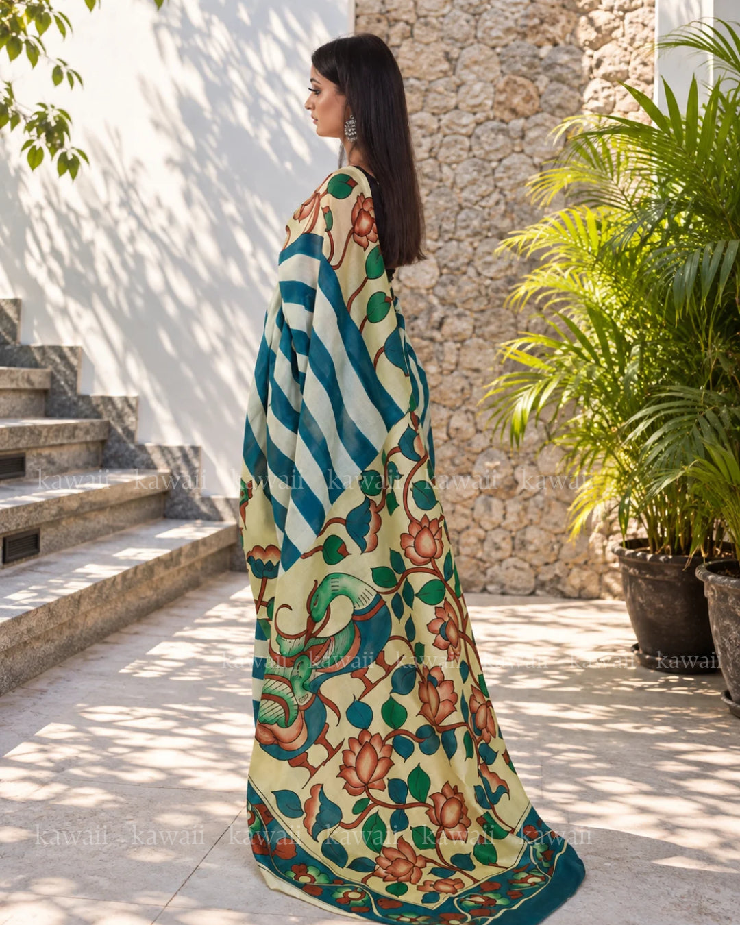 Neelkanth Kalamkari Design Handpainted on Pure Silk Saree