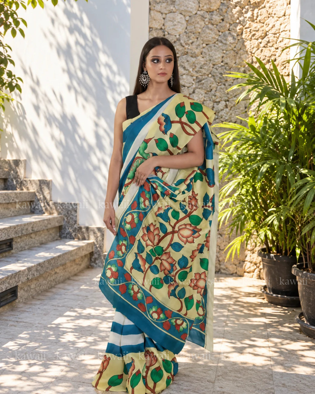 Neelkanth Kalamkari Design Handpainted on Pure Silk Saree