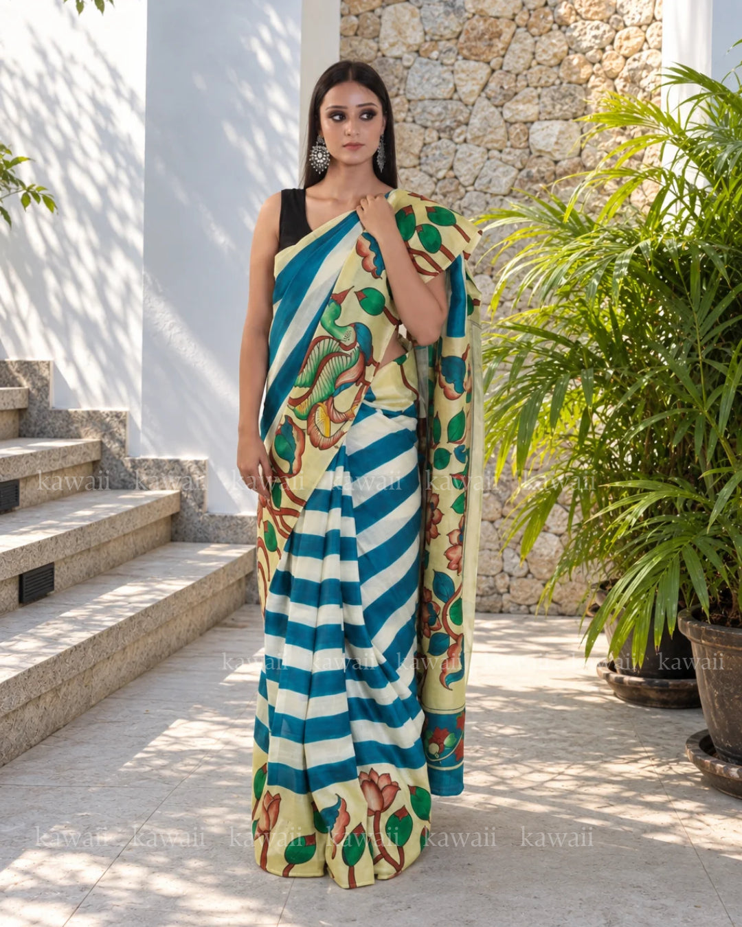 Neelkanth Kalamkari Design Handpainted on Pure Silk Saree