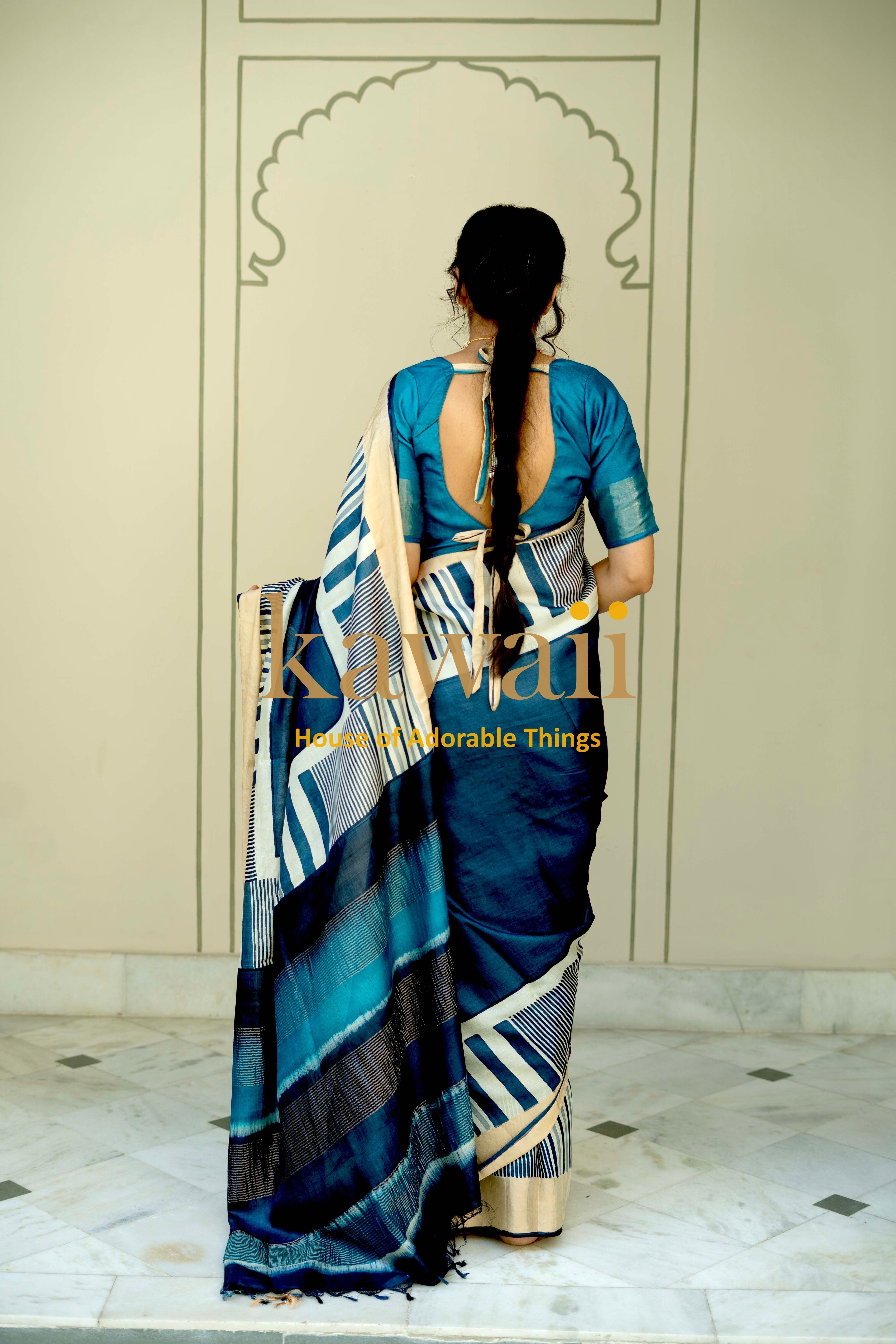 Elegant Block Print Saree in Blue and Gold with Silk Tussar for Traditional Occasions by Kawaii