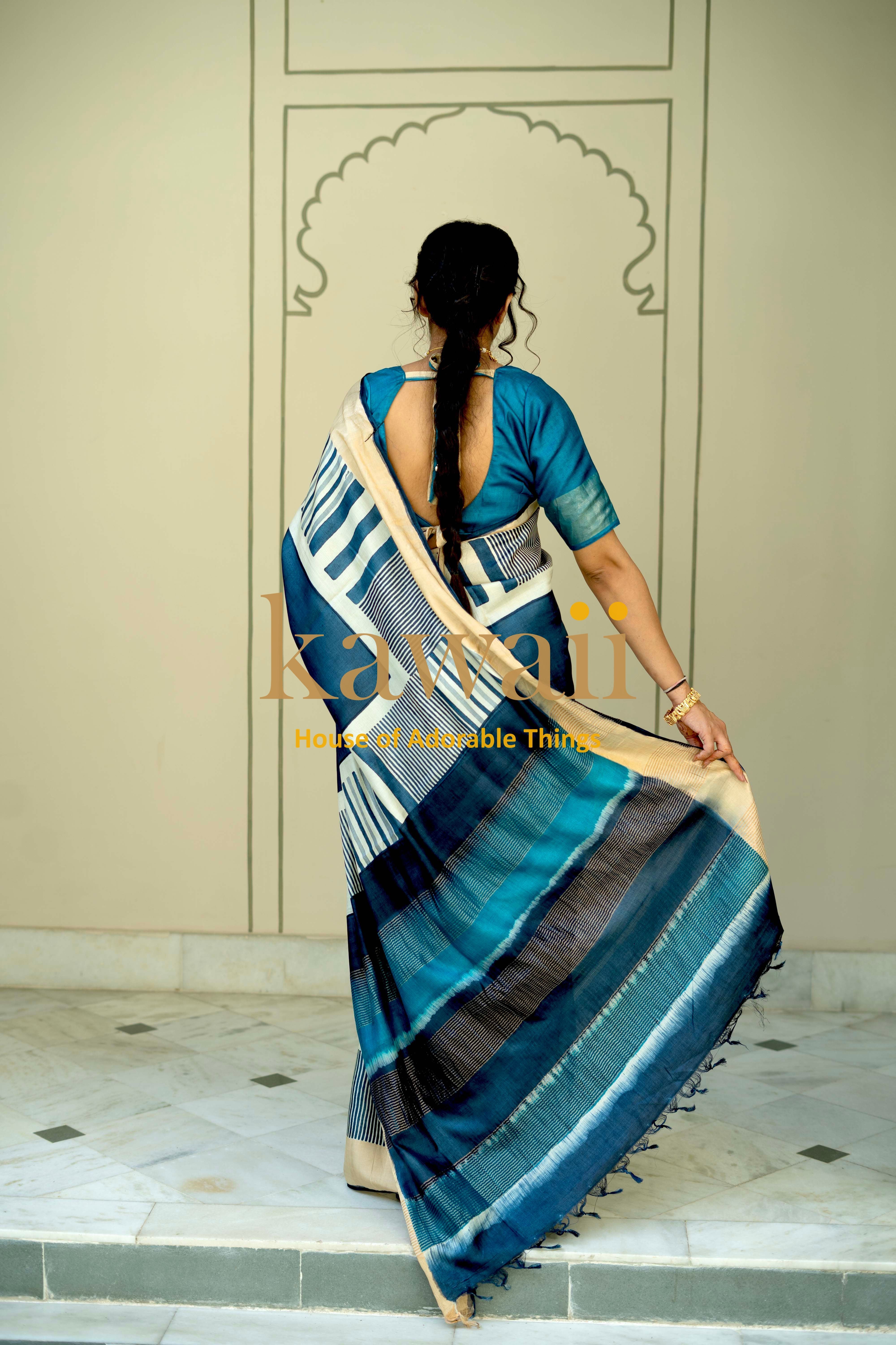 Block Print Saree in Blue and Beige Tones made from silk tussar, perfect for elegant occasions