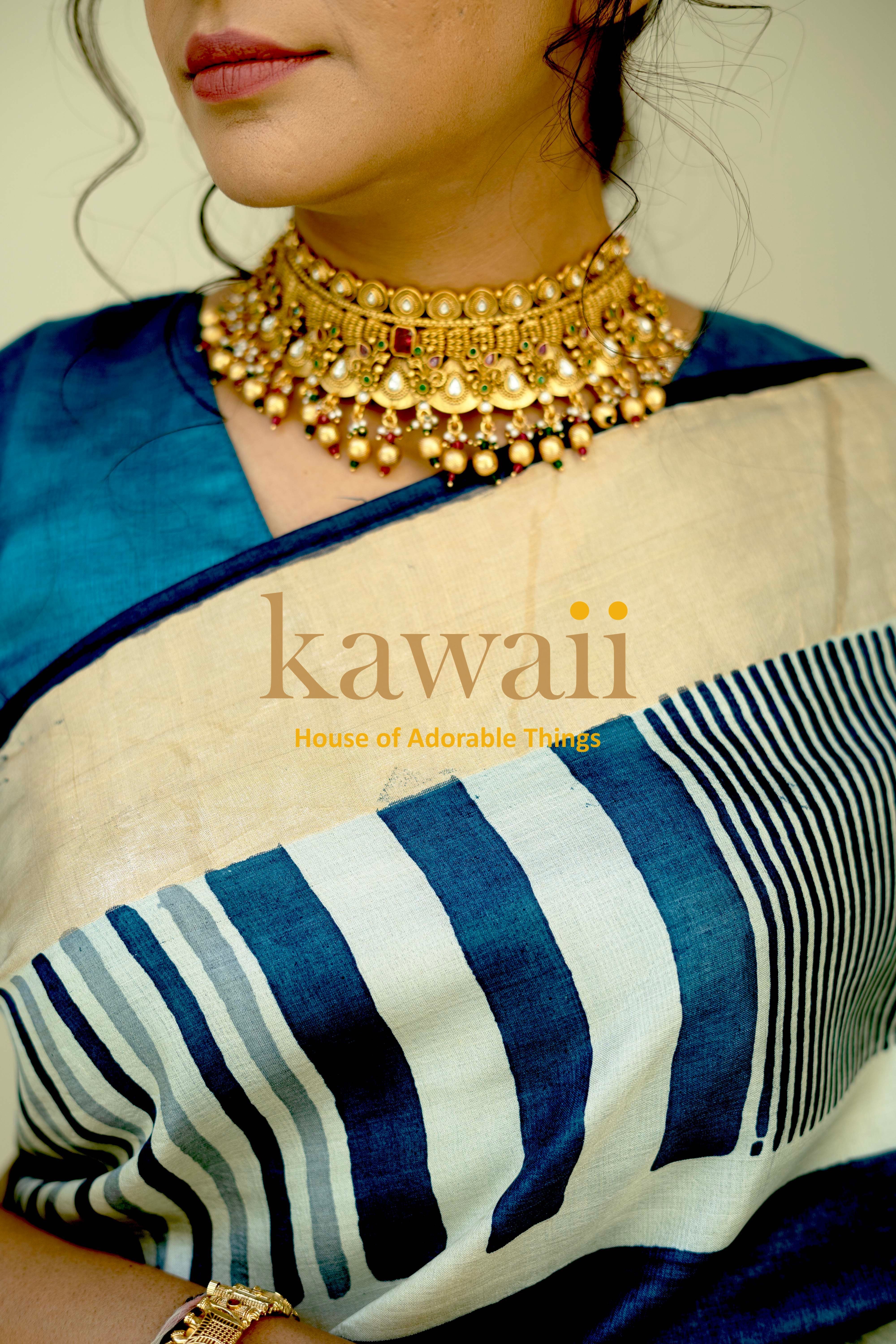 Elegant Kawaii Block Print Saree in silk tussar with blue and cream stripes for traditional wear