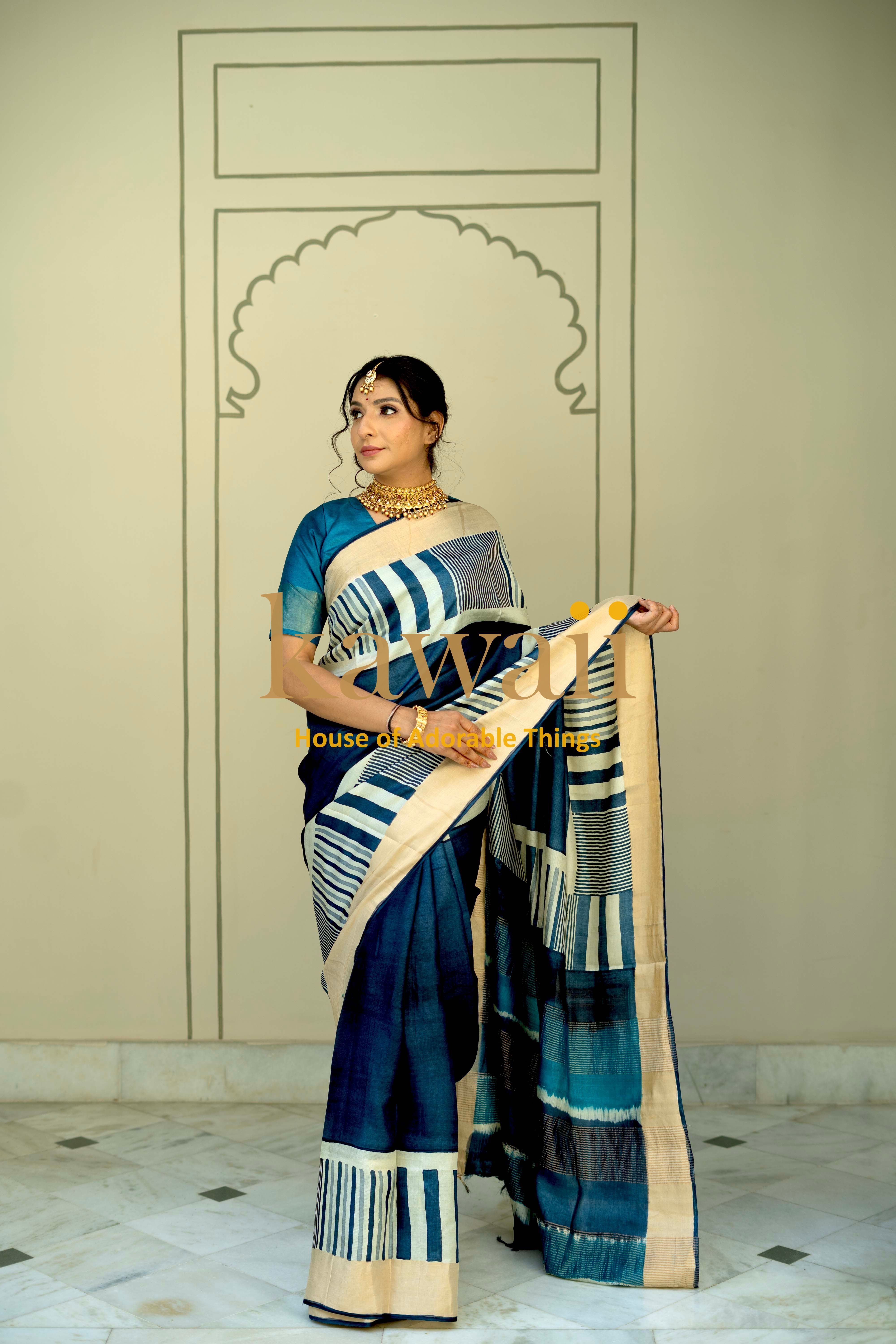 Elegant Kawaii Block Print Saree in silk tussar with striking blue and beige patterns