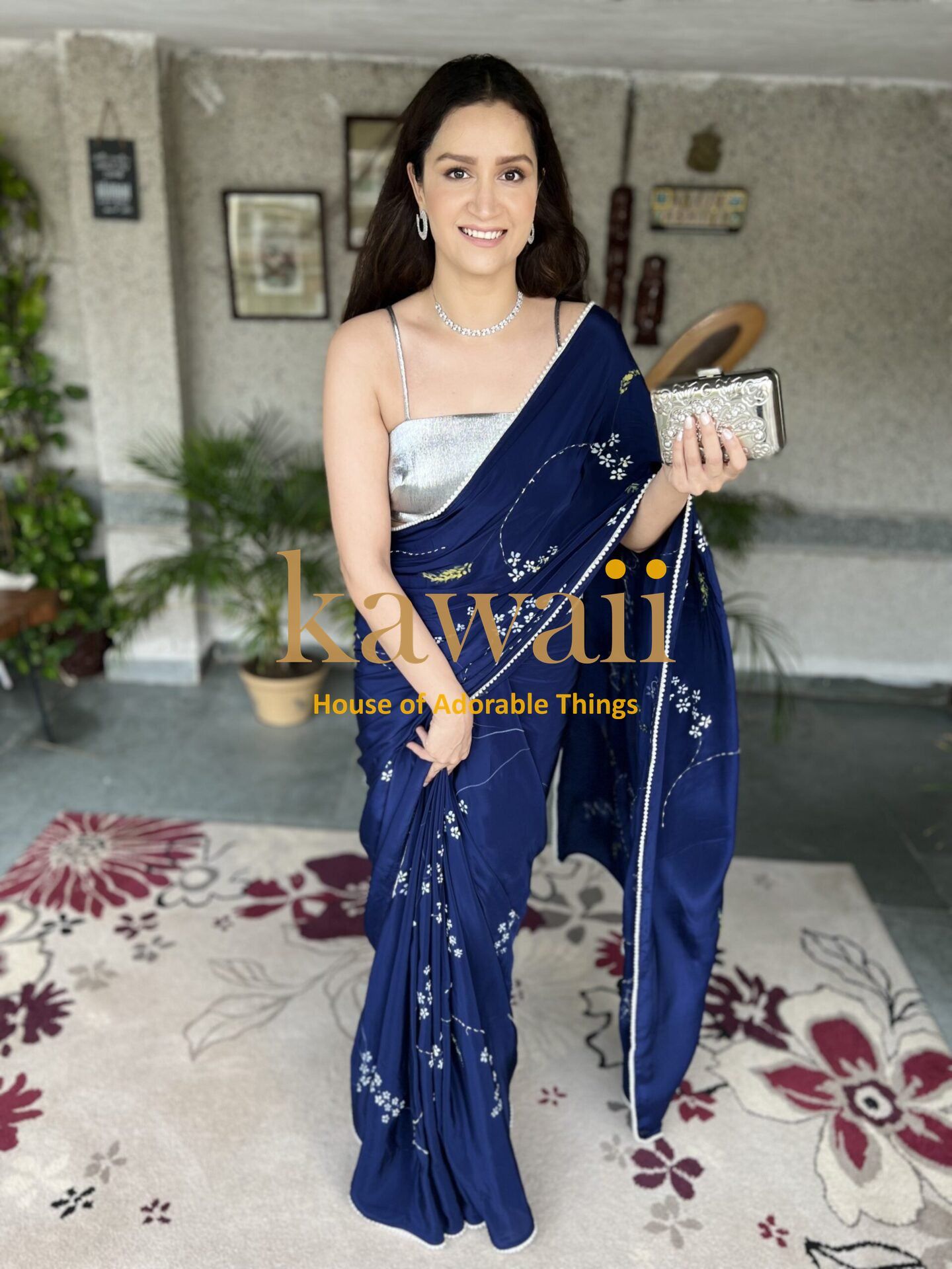 Royal Blue Handpainted Saree with White Florals and Shimmer Work with Lace
