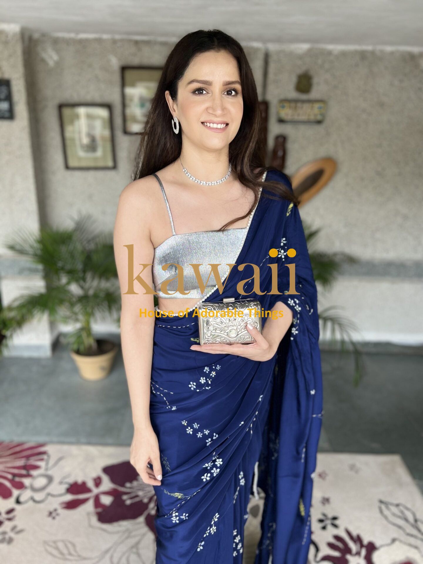Royal Blue Handpainted Saree with White Florals and Shimmer Work with Lace