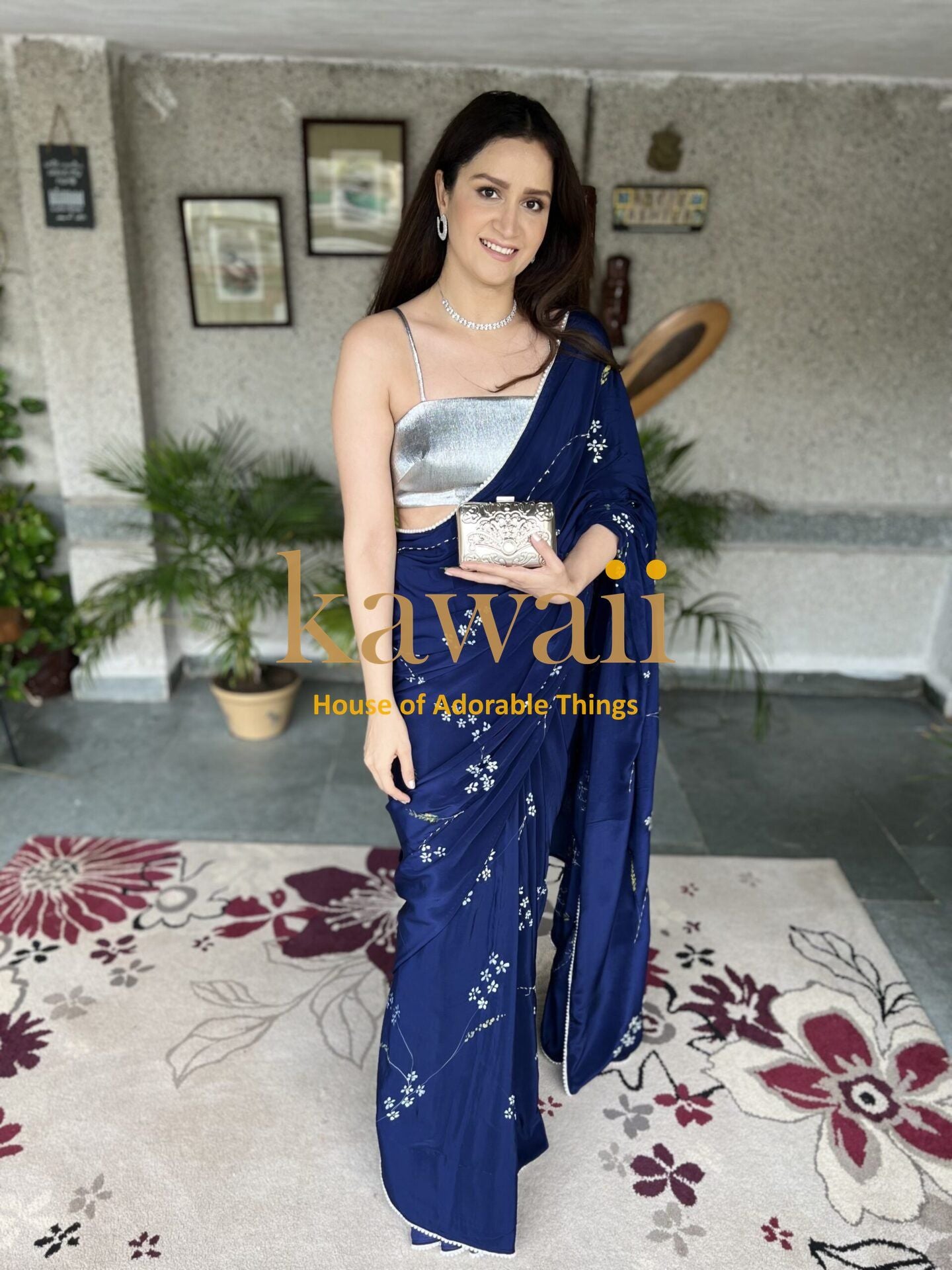 Royal Blue Handpainted Saree with White Florals and Shimmer Work with Lace