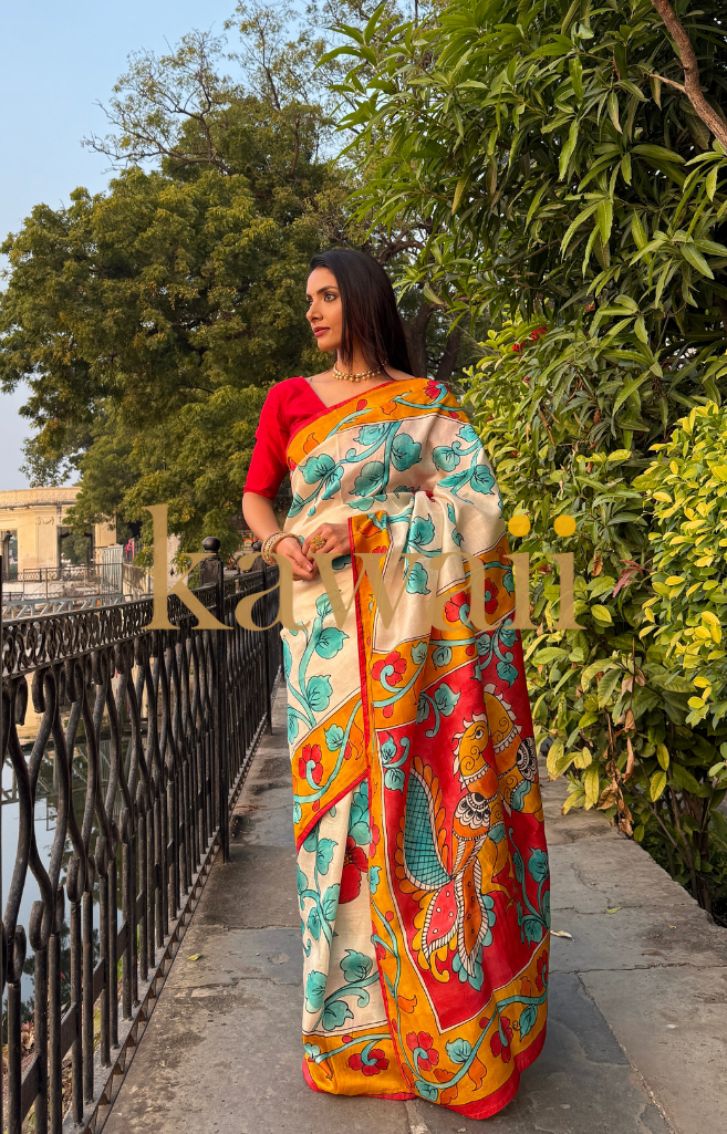 Elegant kalamkari saree with vibrant colors and intricate designs, perfect for festive occasions