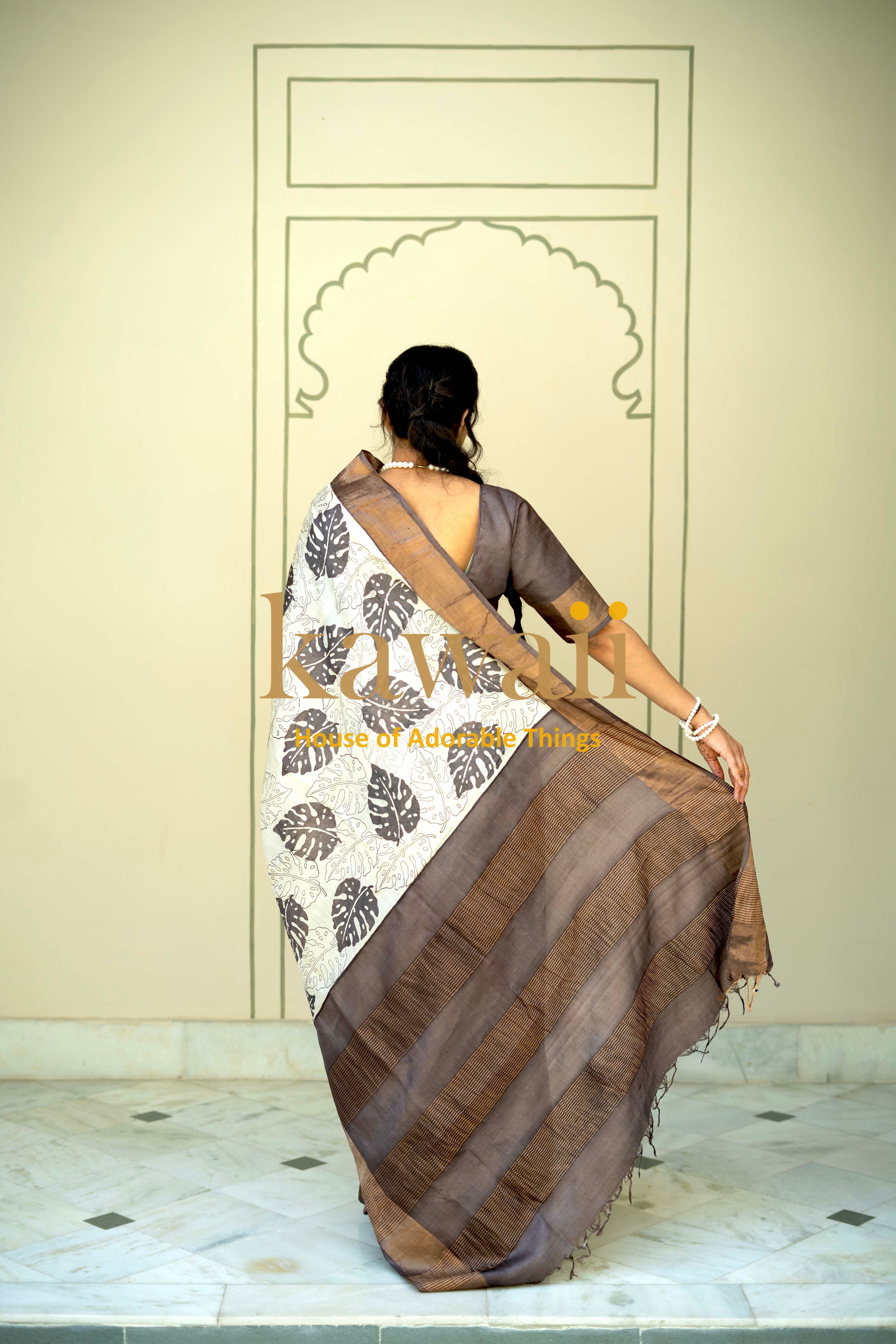 Elegant Kawaii Block Print Saree in Silk Tussar featuring intricate leaf designs and a rich color palette