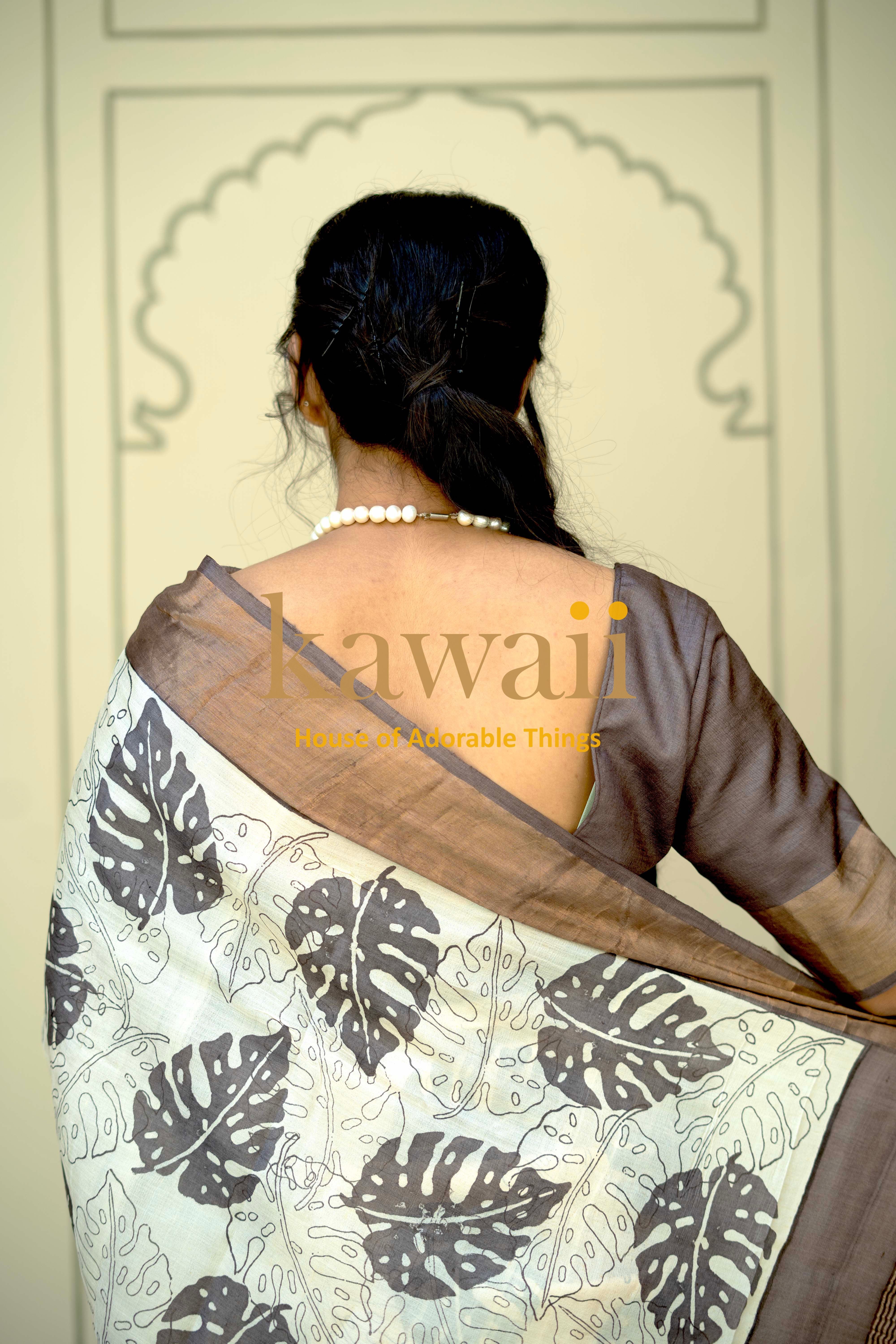 Elegant Kawaii Block Print Saree in silk tussar featuring leaf designs and a stylish pallu