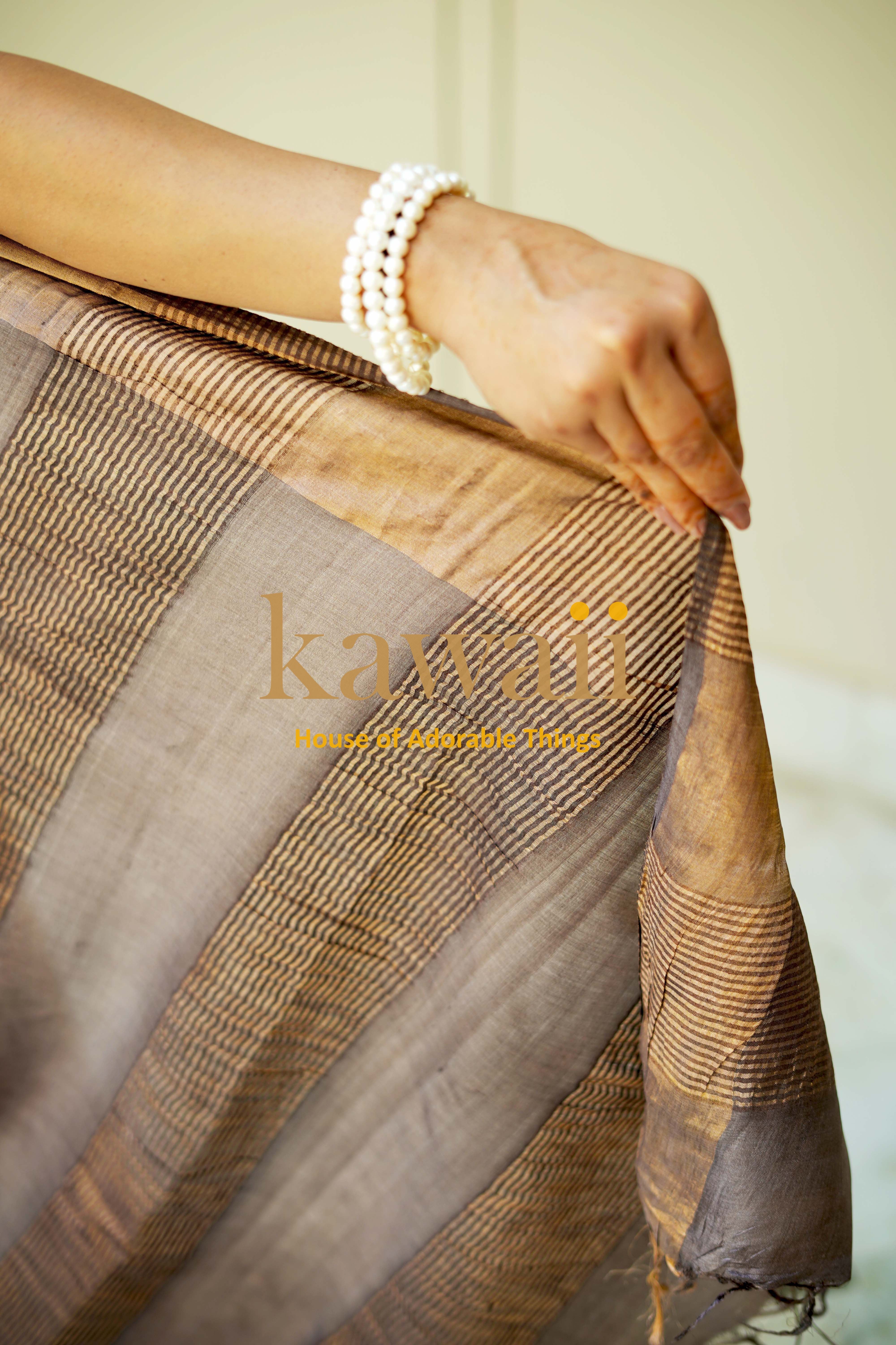 Kawaii Block Print Saree in Silk Tussar with Elegant Stripes and Lightweight Design