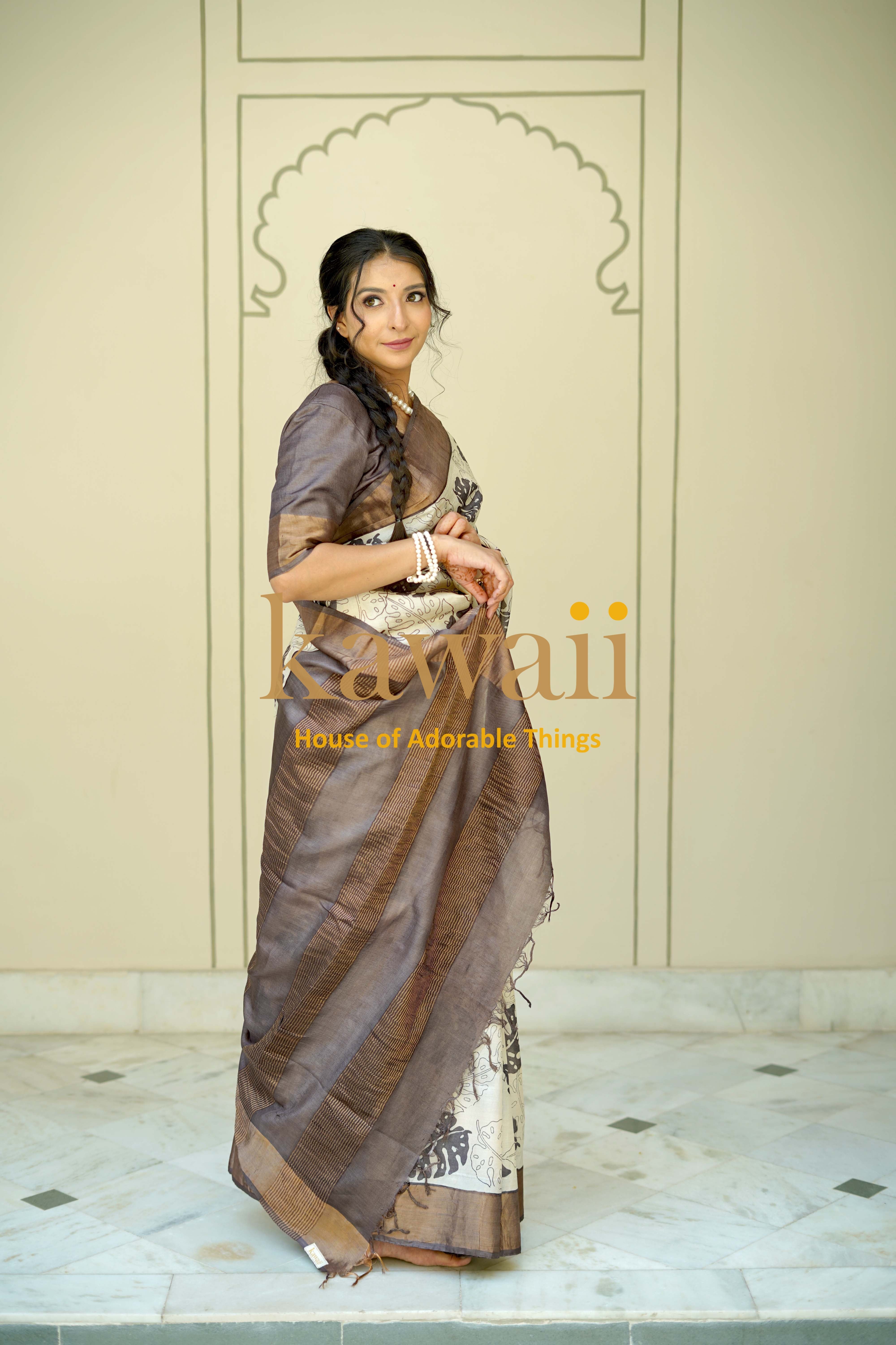 Elegant Block Print Saree in silk tussar with intricate designs, perfect for festive occasions