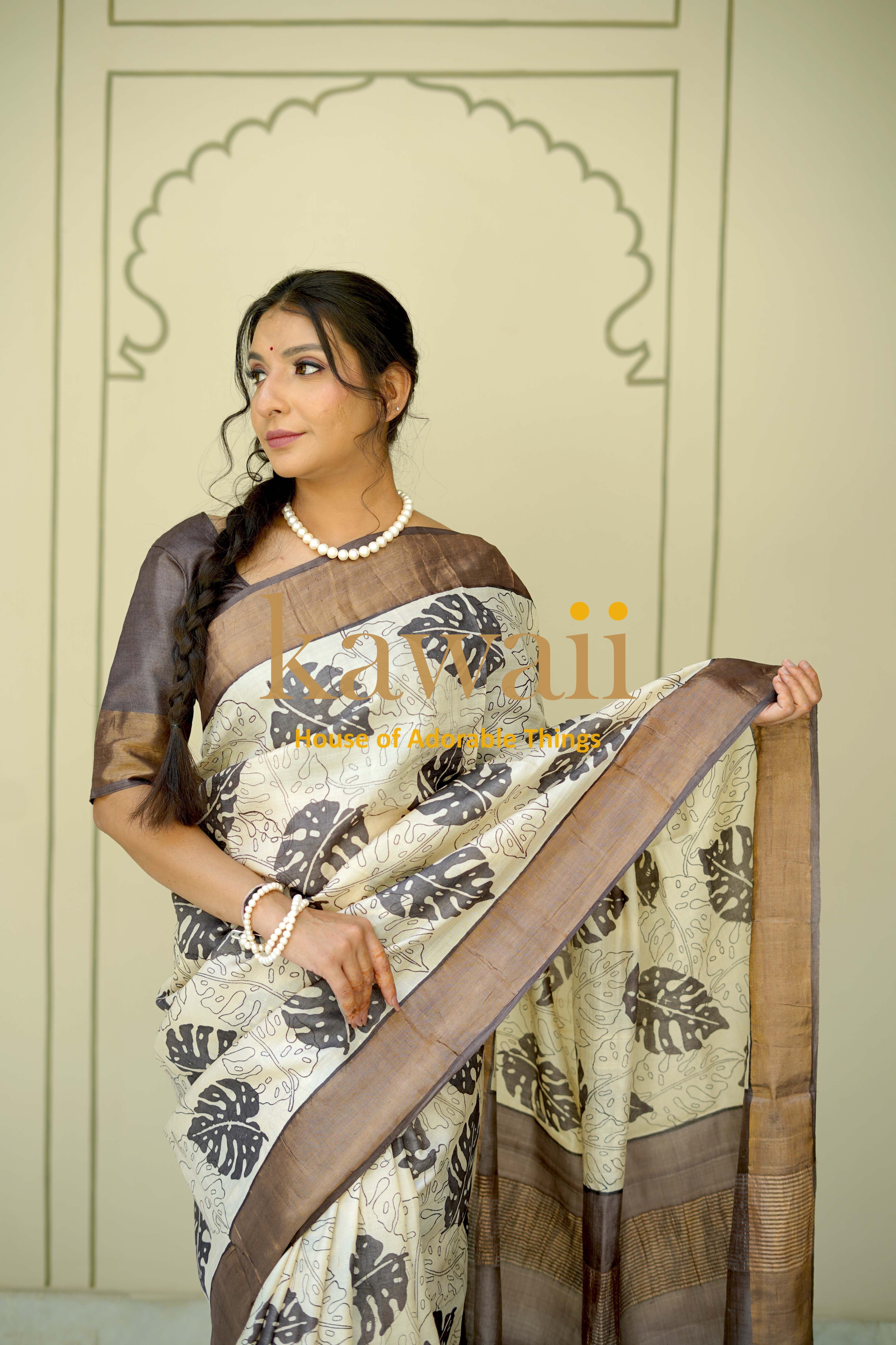 Elegant Kawaii Block Print Saree in Silk Tussar featuring leaf patterns, perfect for special occasions