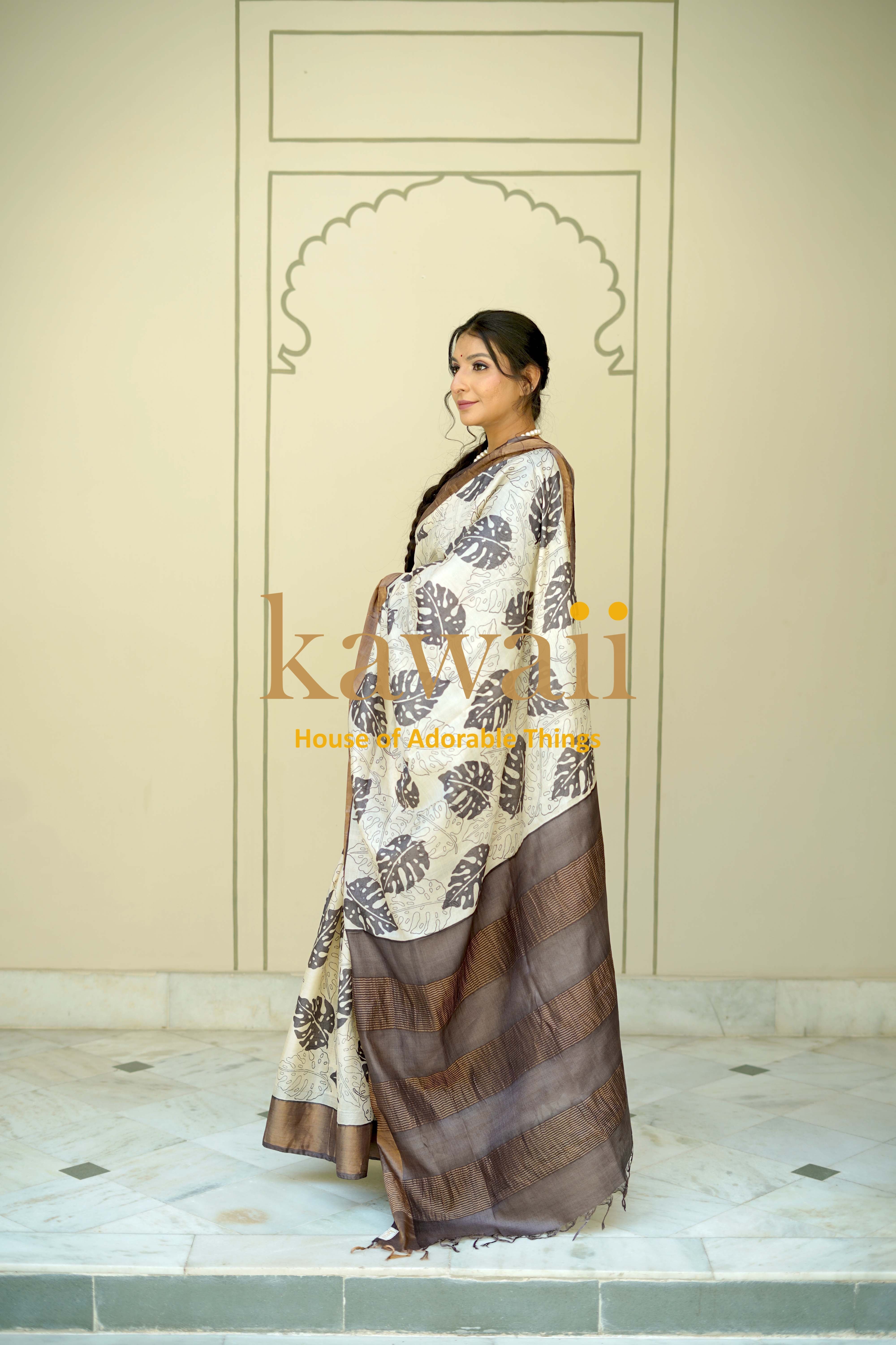 Kawaii Block Print Saree in Silk Tussar with Elegant Patterns and Brown Borders