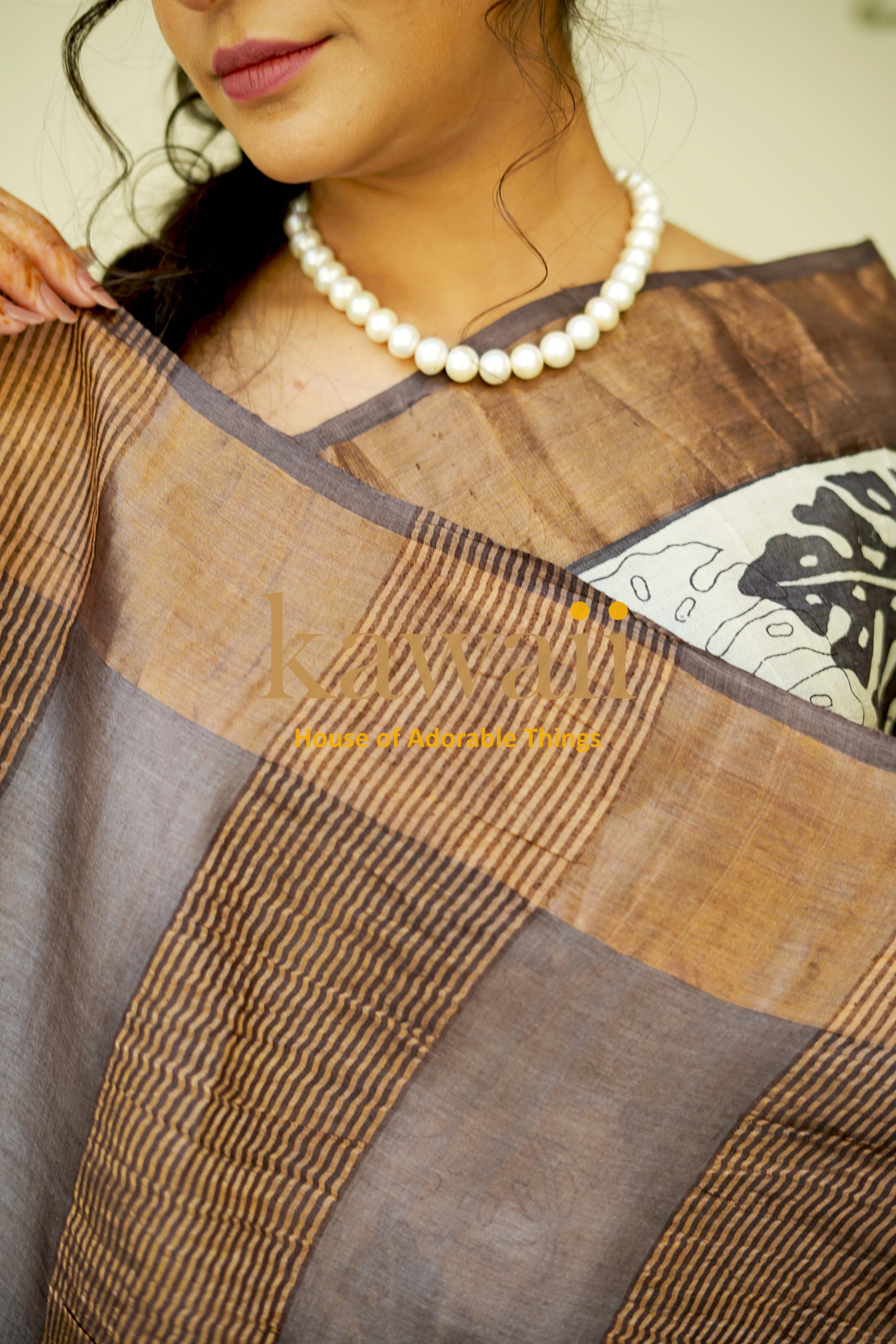 Kawaii Block Print Saree in Silk Tussar with Elegant Stripes and Classic Design