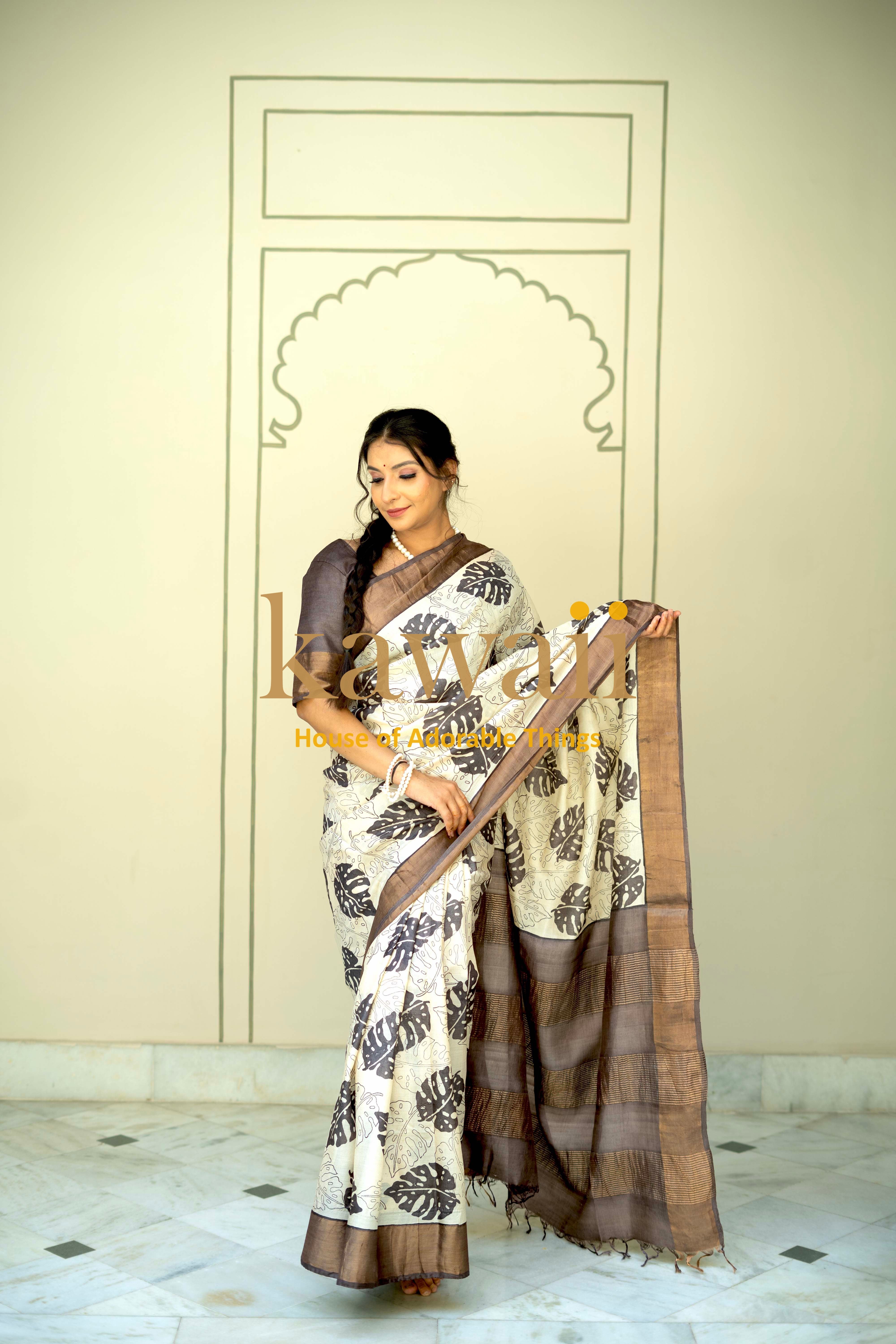 Elegant Kawaii Block Print Saree in Silk Tussar with intricate leaf designs for festive occasions