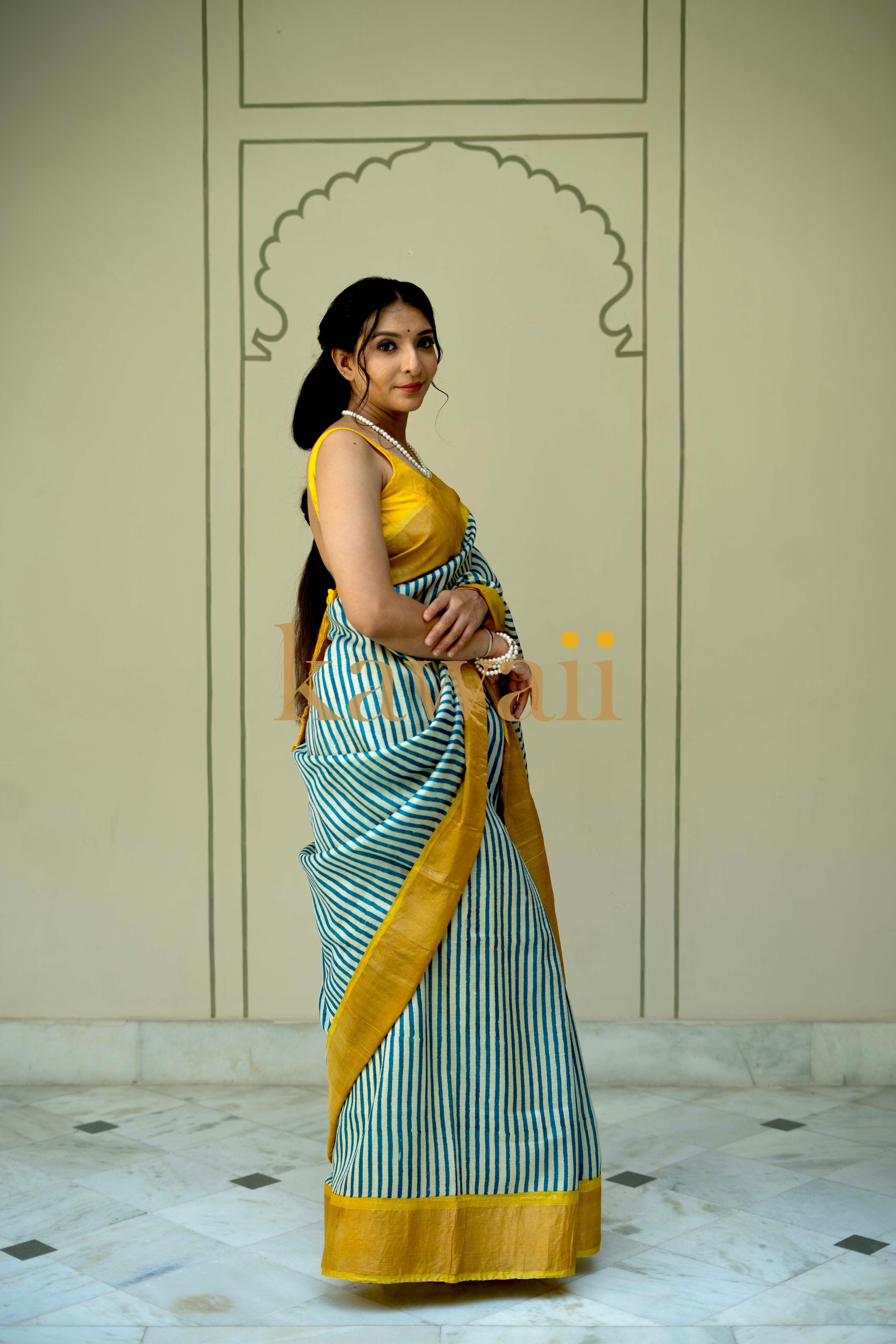 Elegant Kawaii tussar silk saree in blue and mustard with block print and contrasting borders