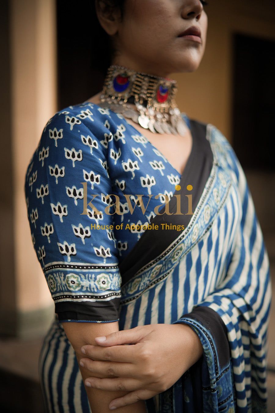 Kawaii blue and white ajrakh saree with traditional block print and detailed border design